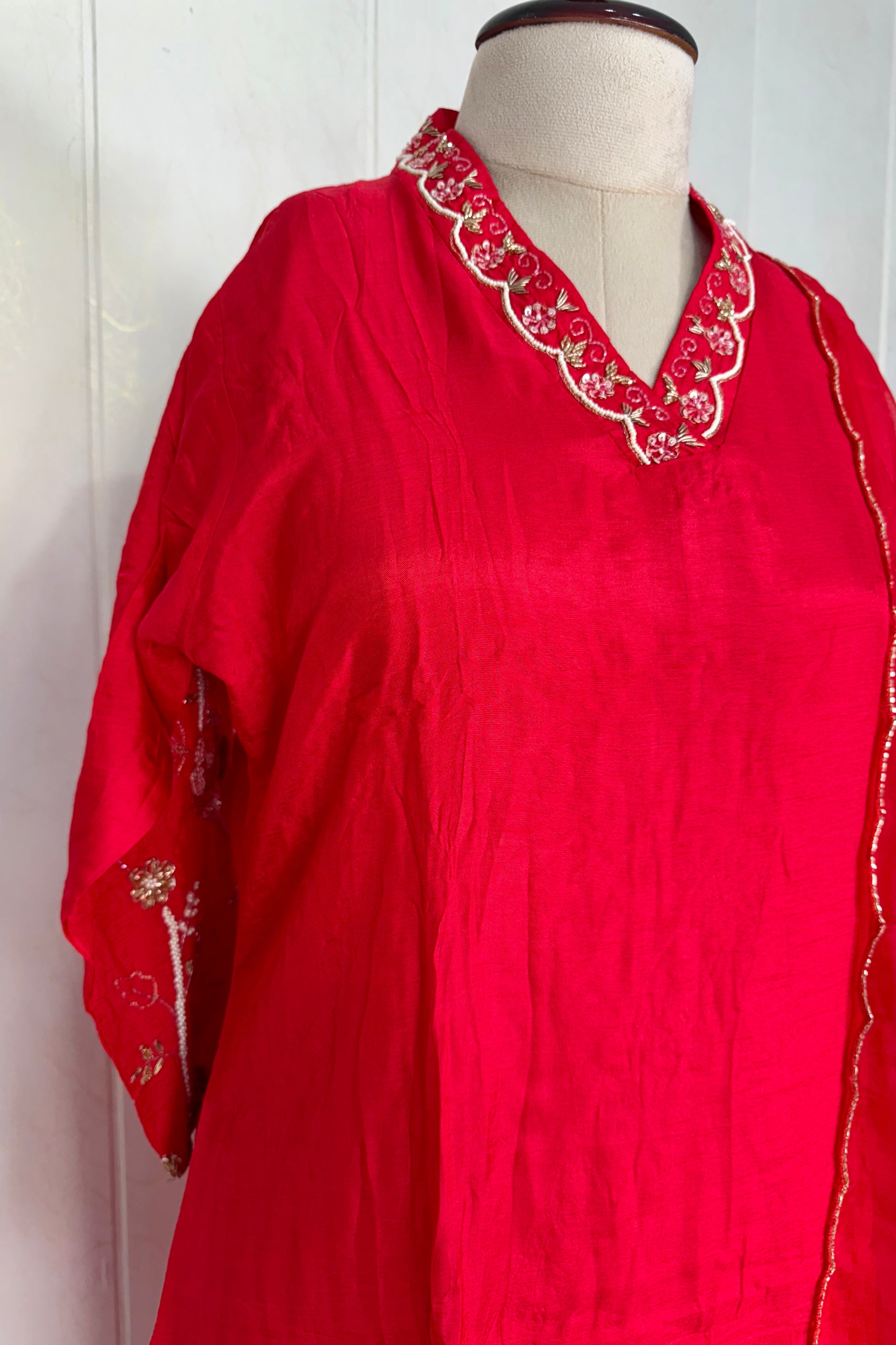 “Ivory” Beautiful Red Dola silk handcrafted kurta set