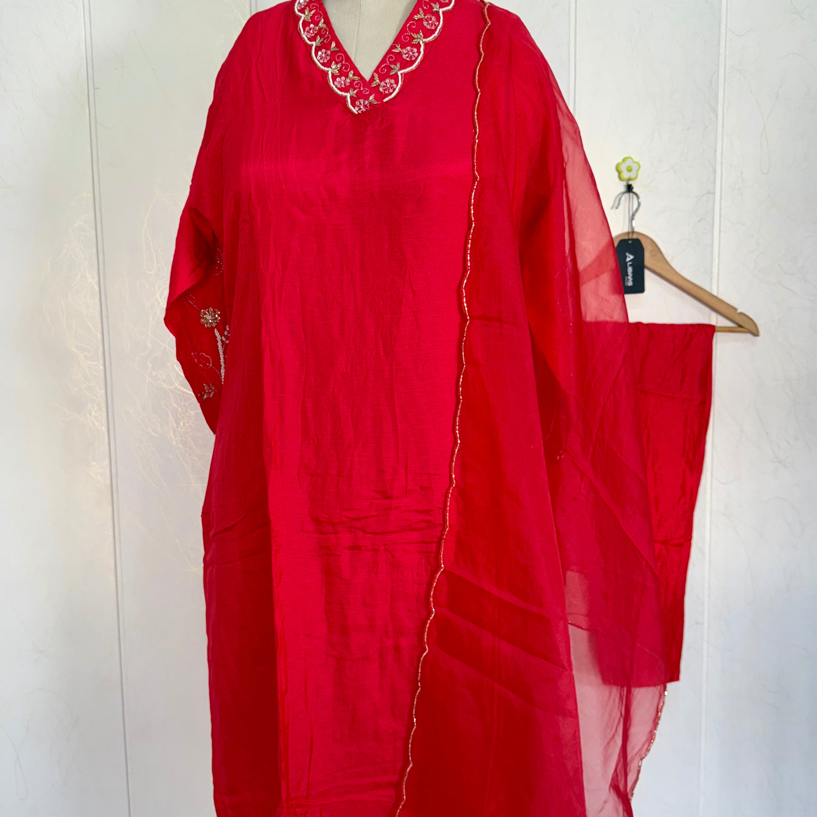 “Ivory” Beautiful Red Dola silk handcrafted kurta set