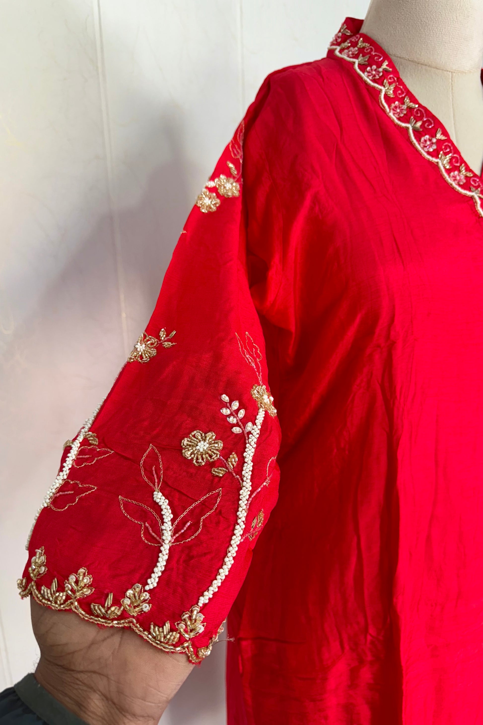 “Ivory” Beautiful Red Dola silk handcrafted kurta set