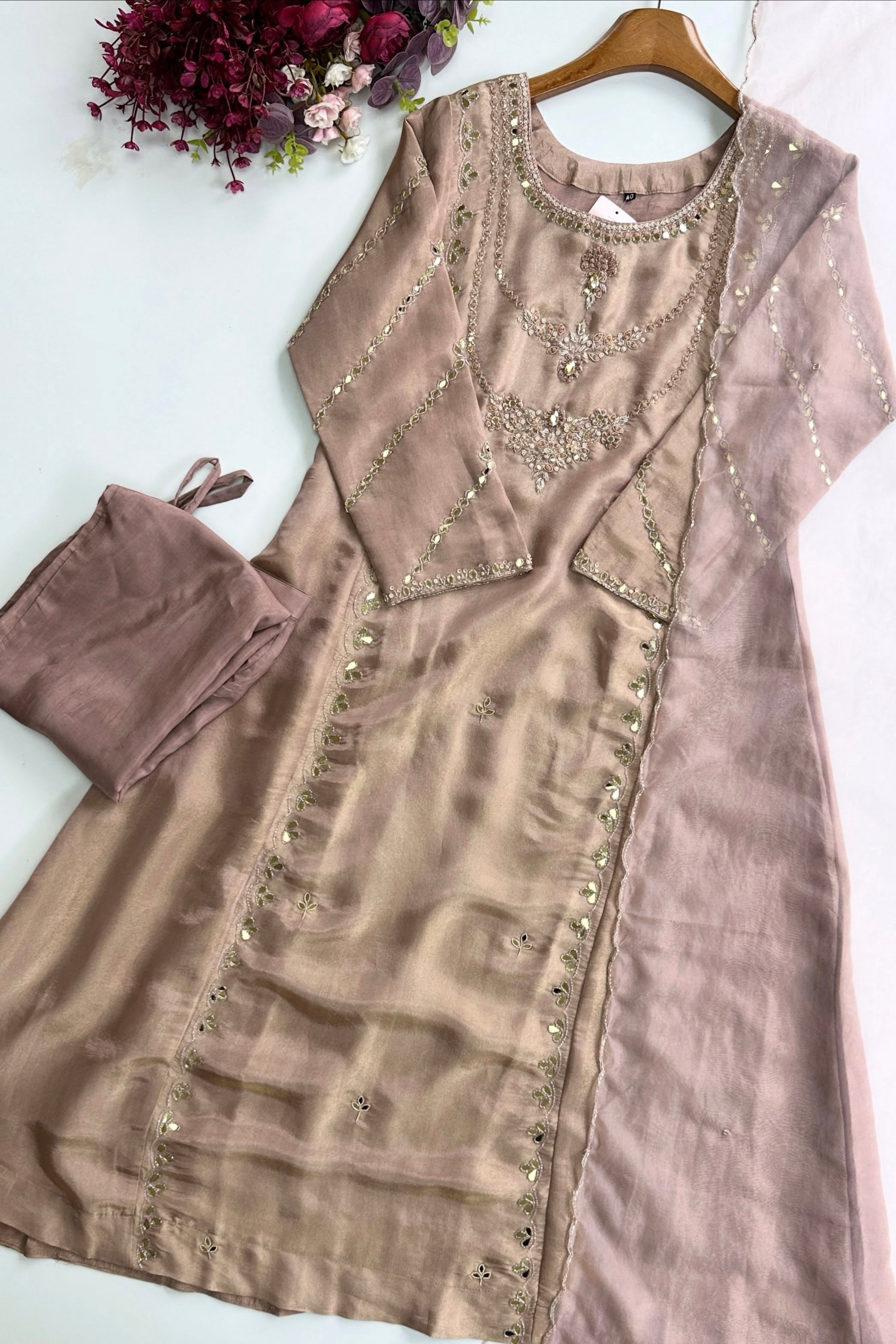 ✨Pearl – Premium Blush Beige Tissue A Line Kurta Set
