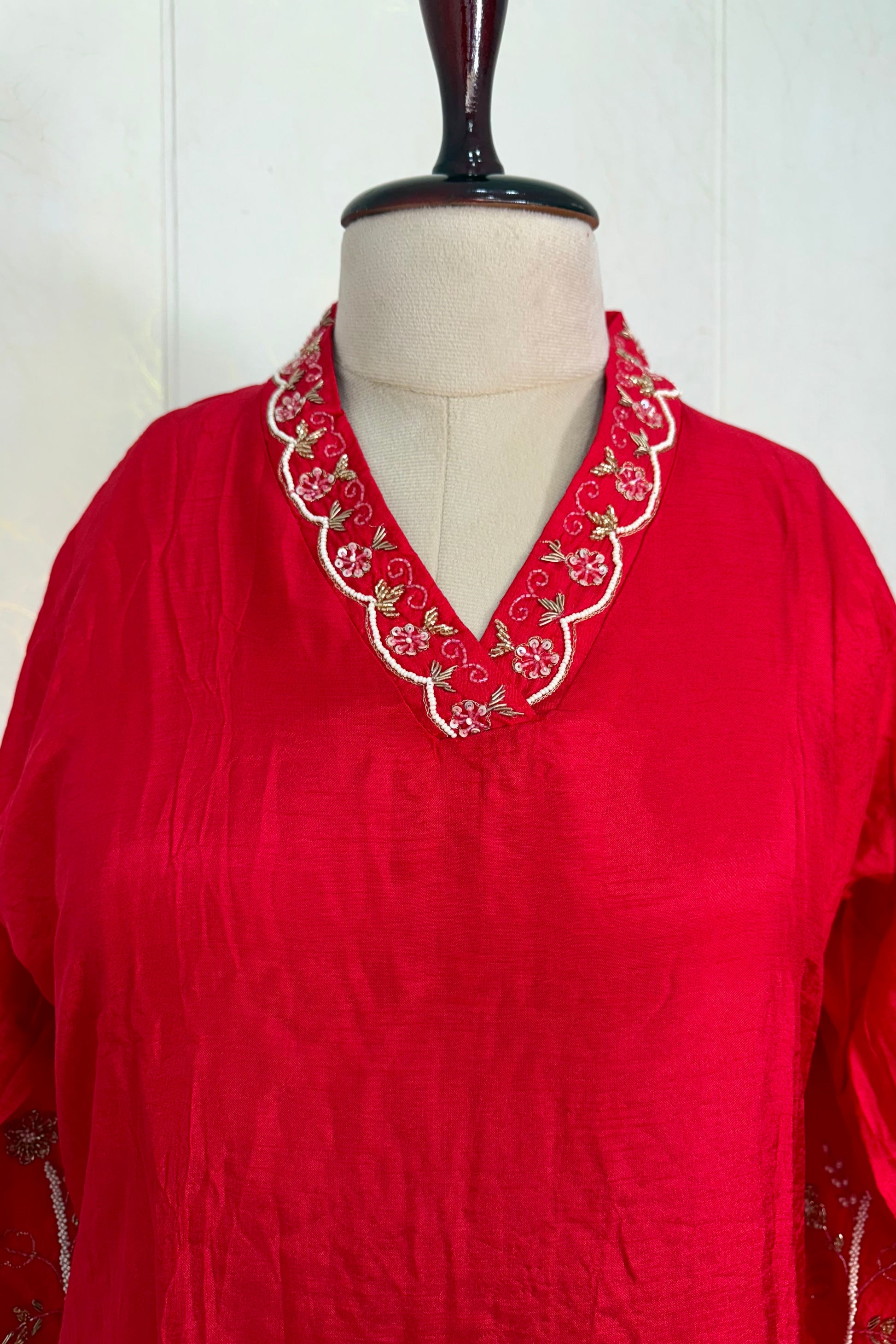 “Ivory” Beautiful Red Dola silk handcrafted kurta set