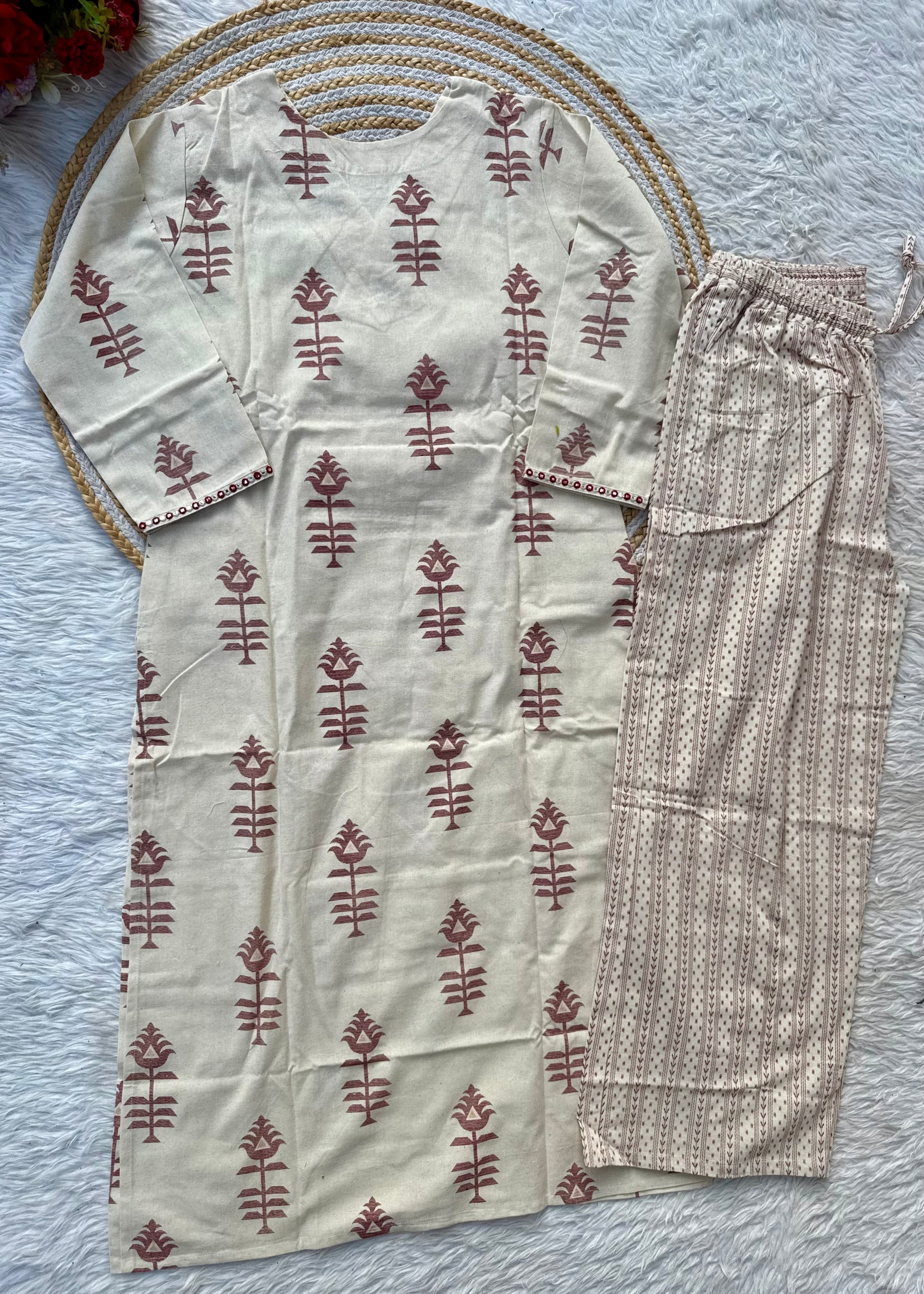“MISHA" Premium cotton Mirror work kurti pant set