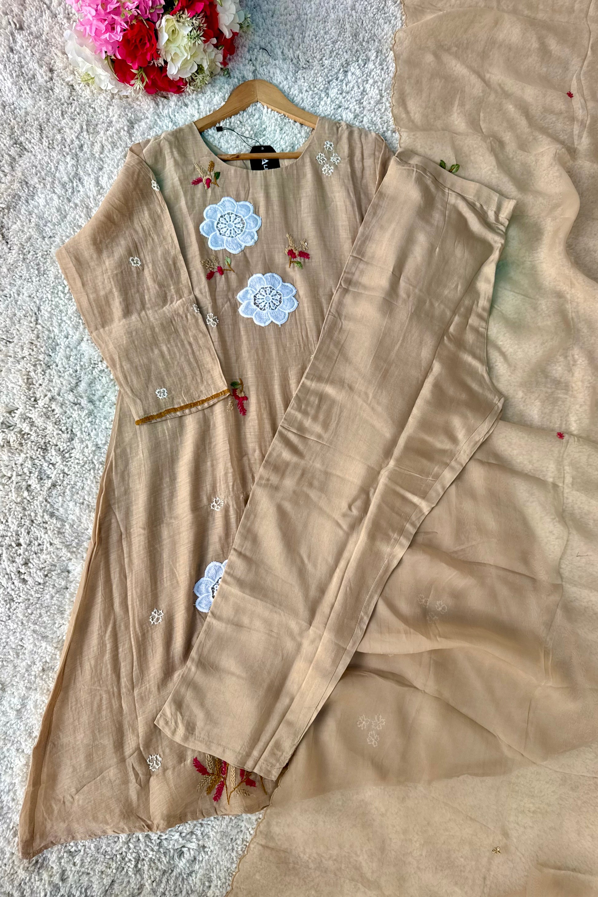 🛍️”Freya – Premium Chanderi Embroidered A Line Kurta Set