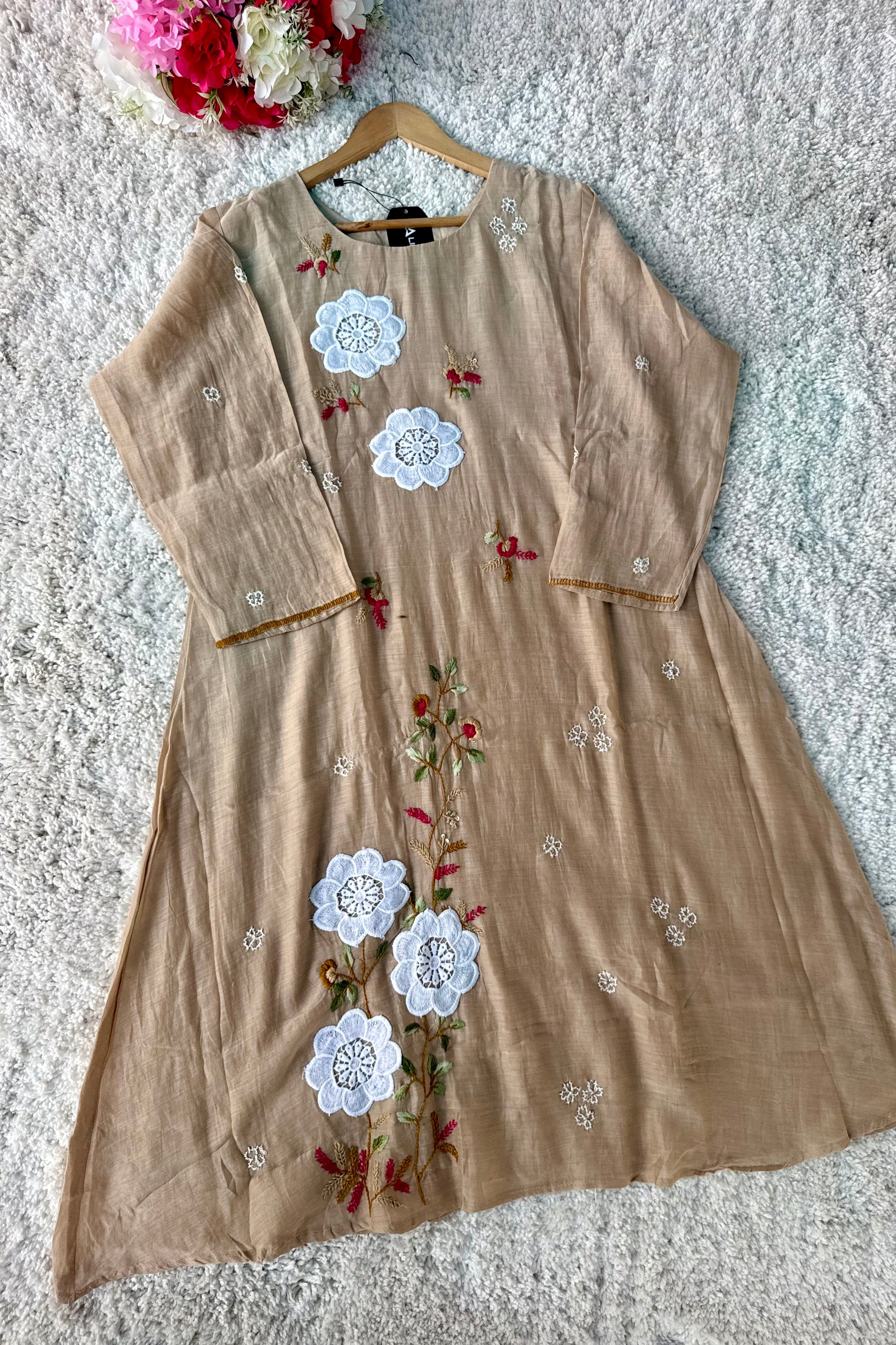 🛍️”Freya – Premium Chanderi Embroidered A Line Kurta Set