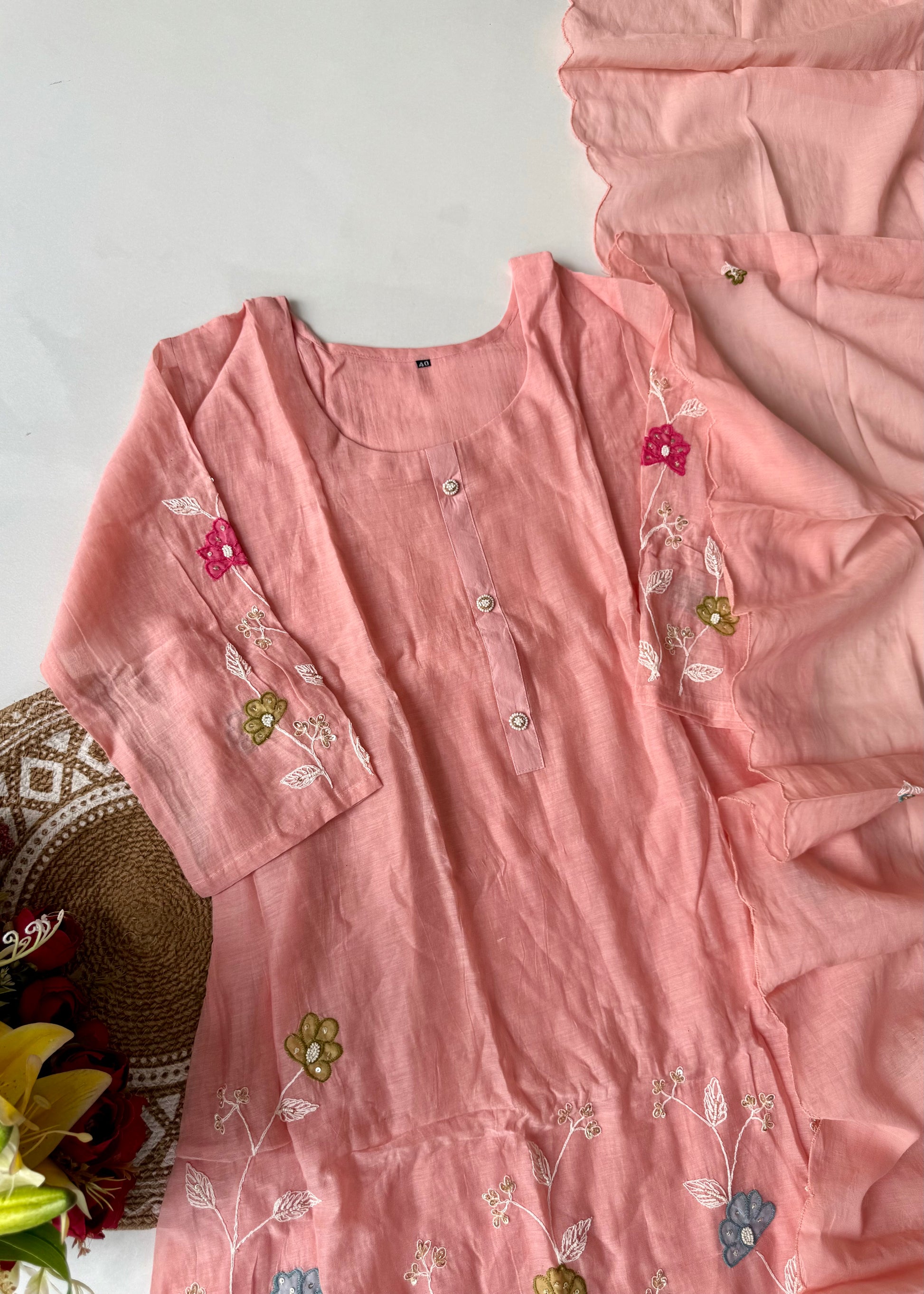 “Wow” Mul Chanderi Applique Embroidered A line Kurta Set