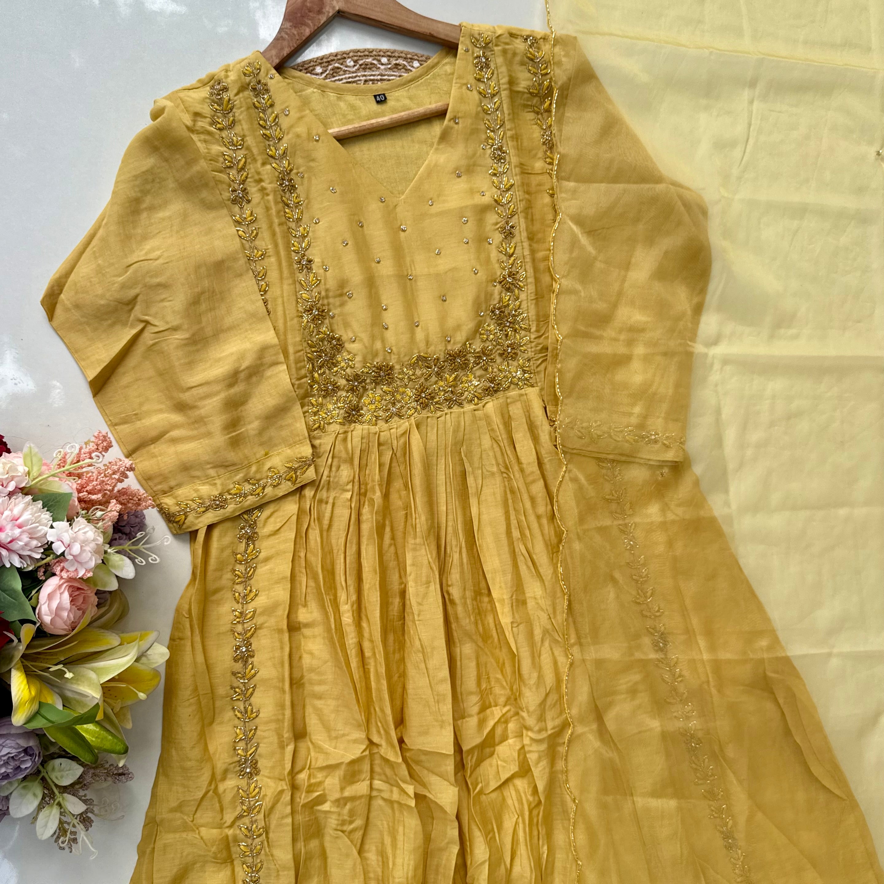 “Ayza” Golden yellow premium Mul Chanderi Anarkali  kurta set 🛍️