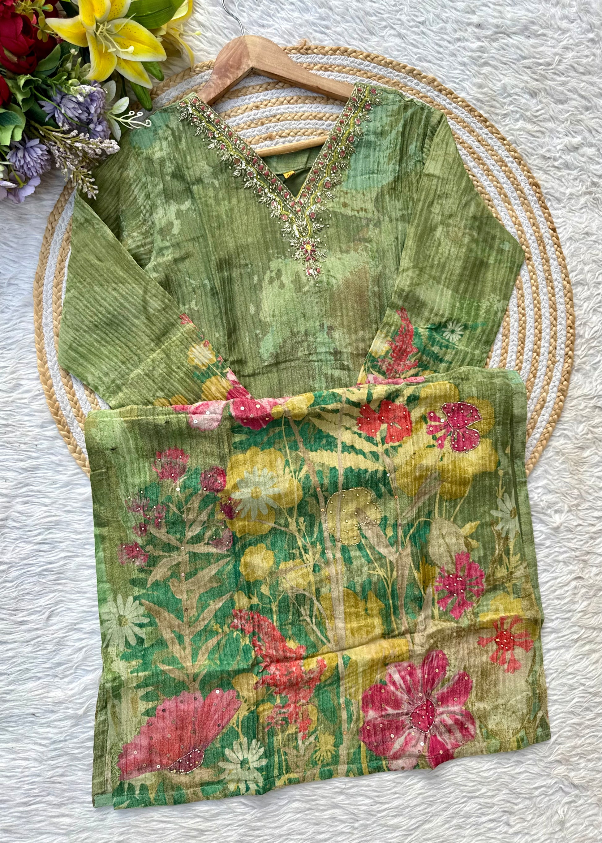 “Darkaar" Premium printed Tissue silk handcrafted kurti bottom with dupatta set 🛍️