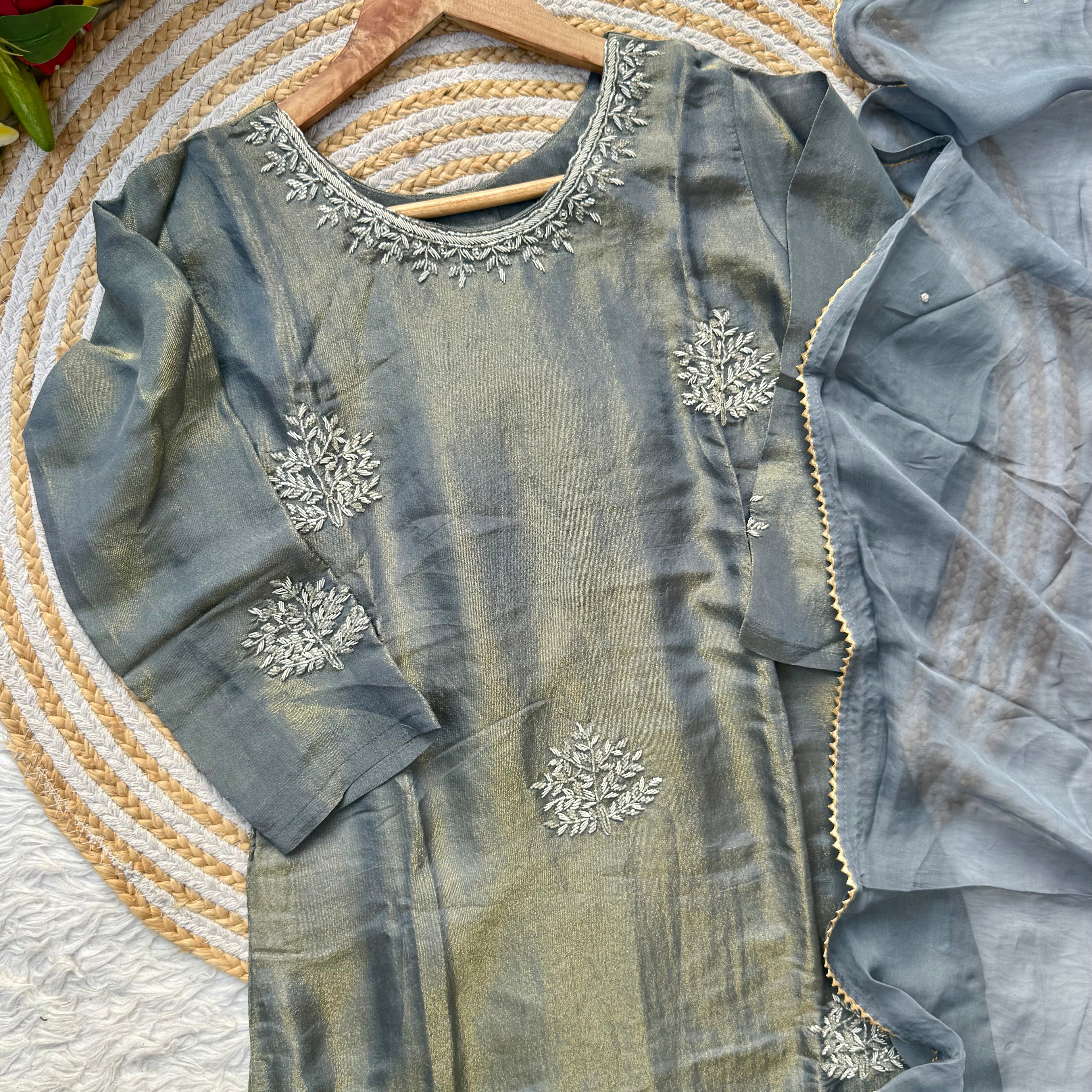 “DEEPALI” Best seller premium Silver Zardozi  tissue silk kurti set