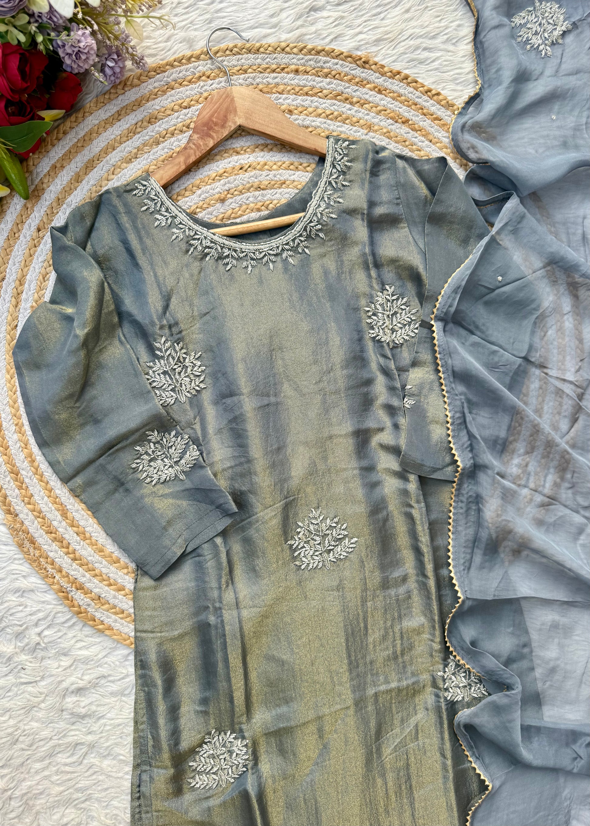 “DEEPALI” Best seller premium Silver Zardozi  tissue silk kurti set