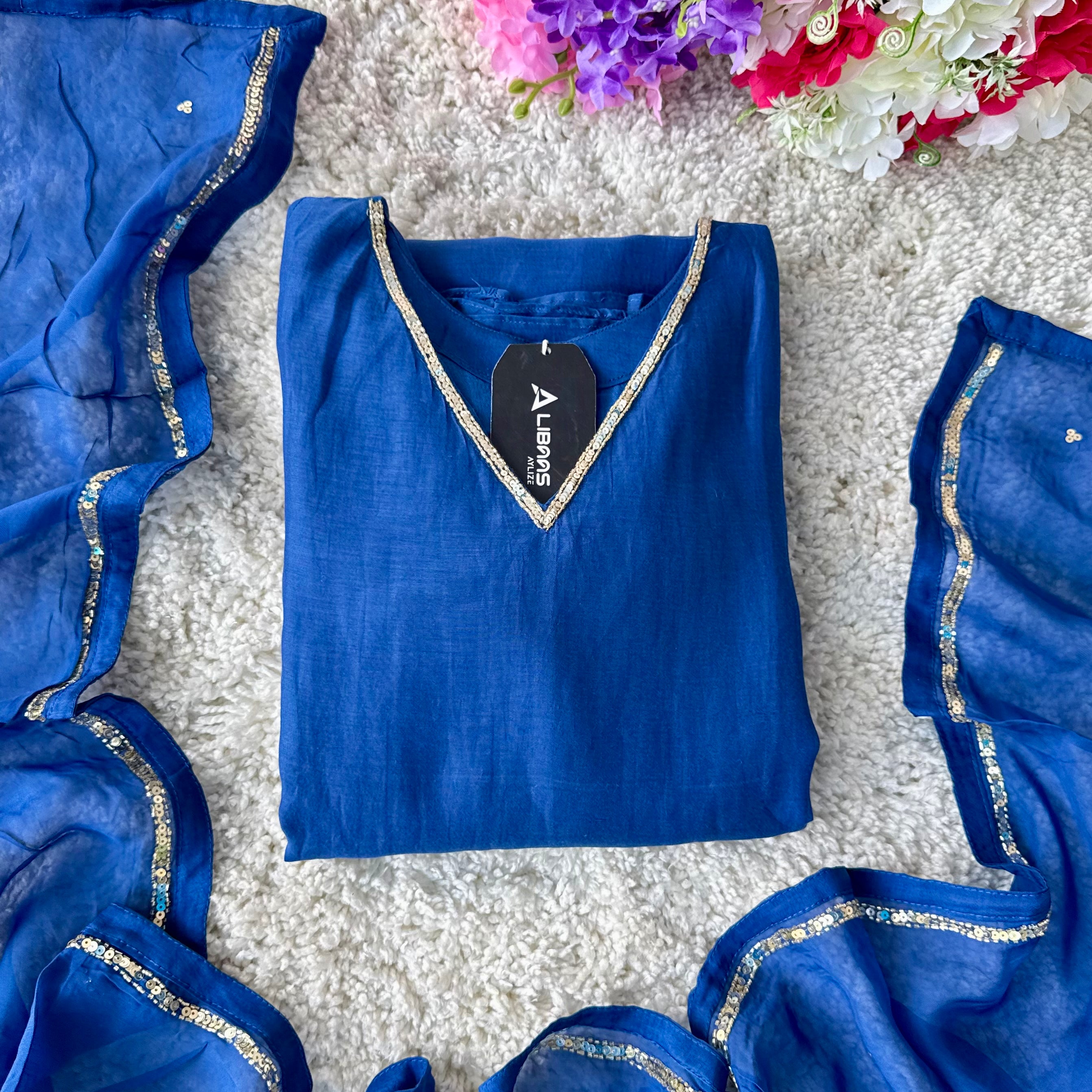 💙”Magic- Party Wear Royal Blue Mul Chanderi A Line Suit set 🛍️
