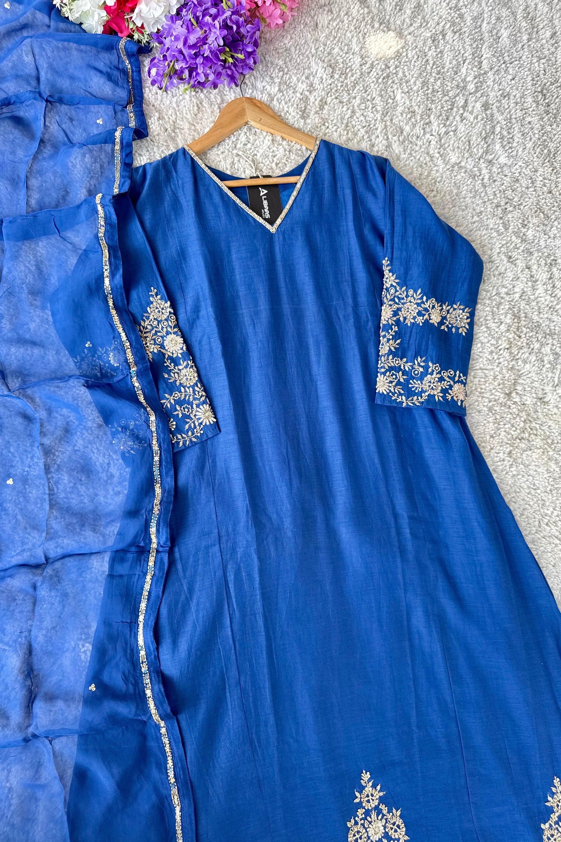 💙”Magic- Party Wear Royal Blue Mul Chanderi A Line Suit set 🛍️