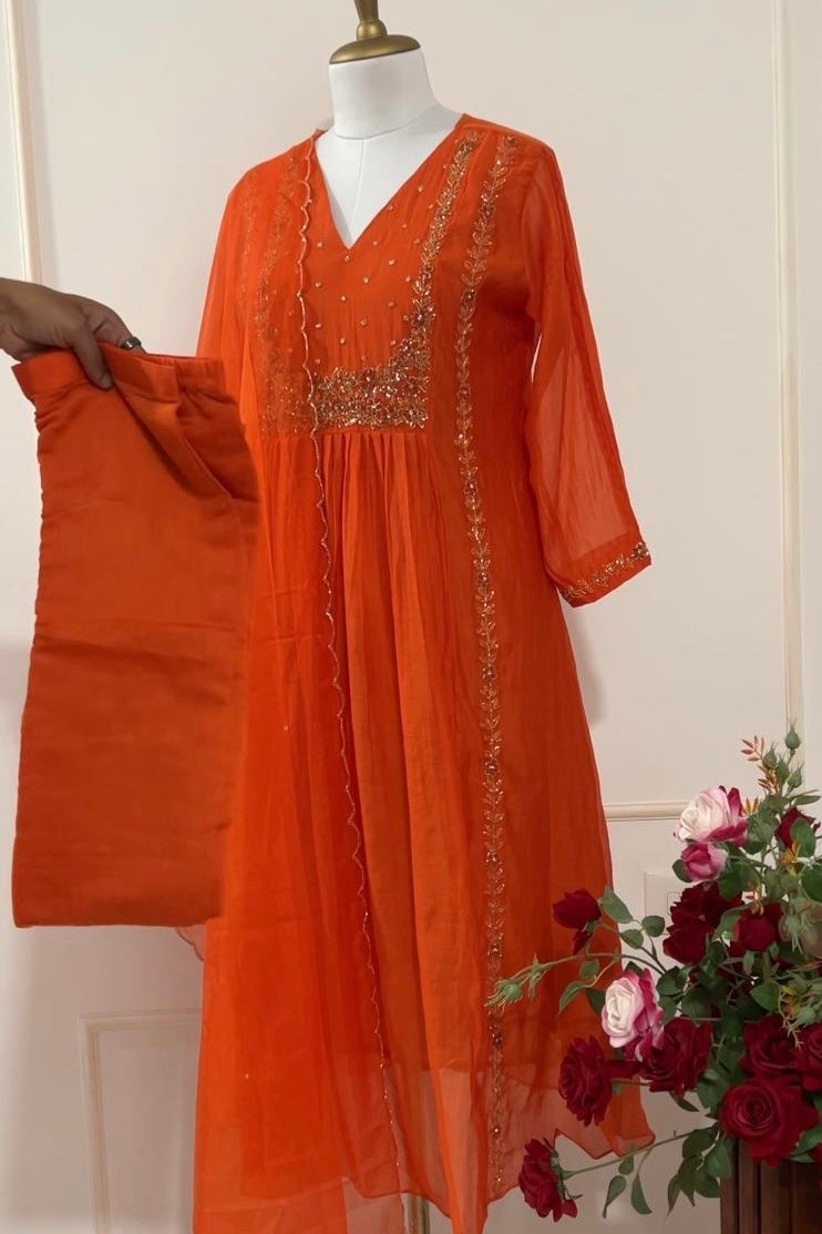“Ayza” Orange Mul Chanderi A Line Suit set 🛍️