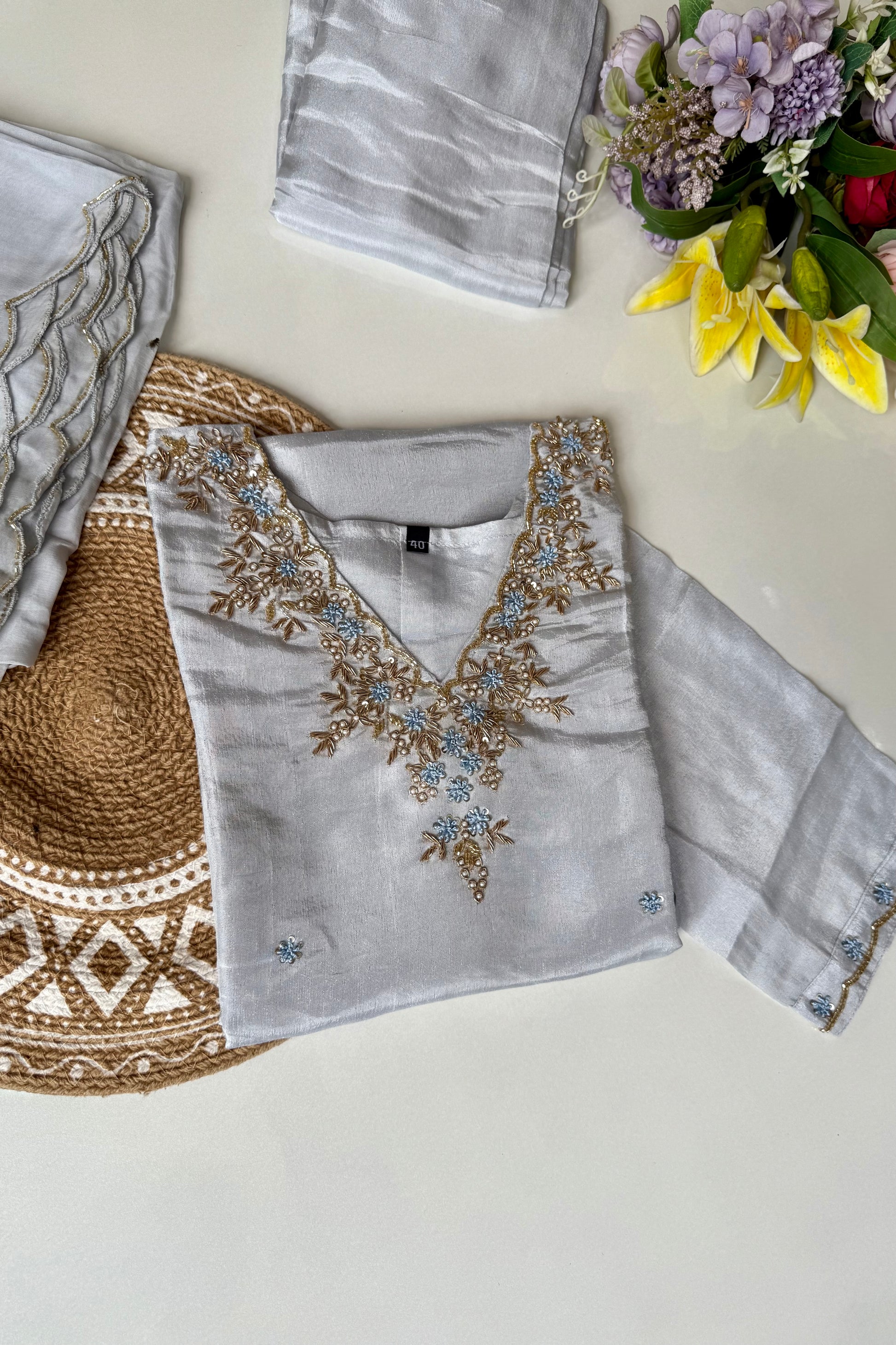 “Aylize” Graceful Pastel shade Tisse Silk Handwork Suit Set