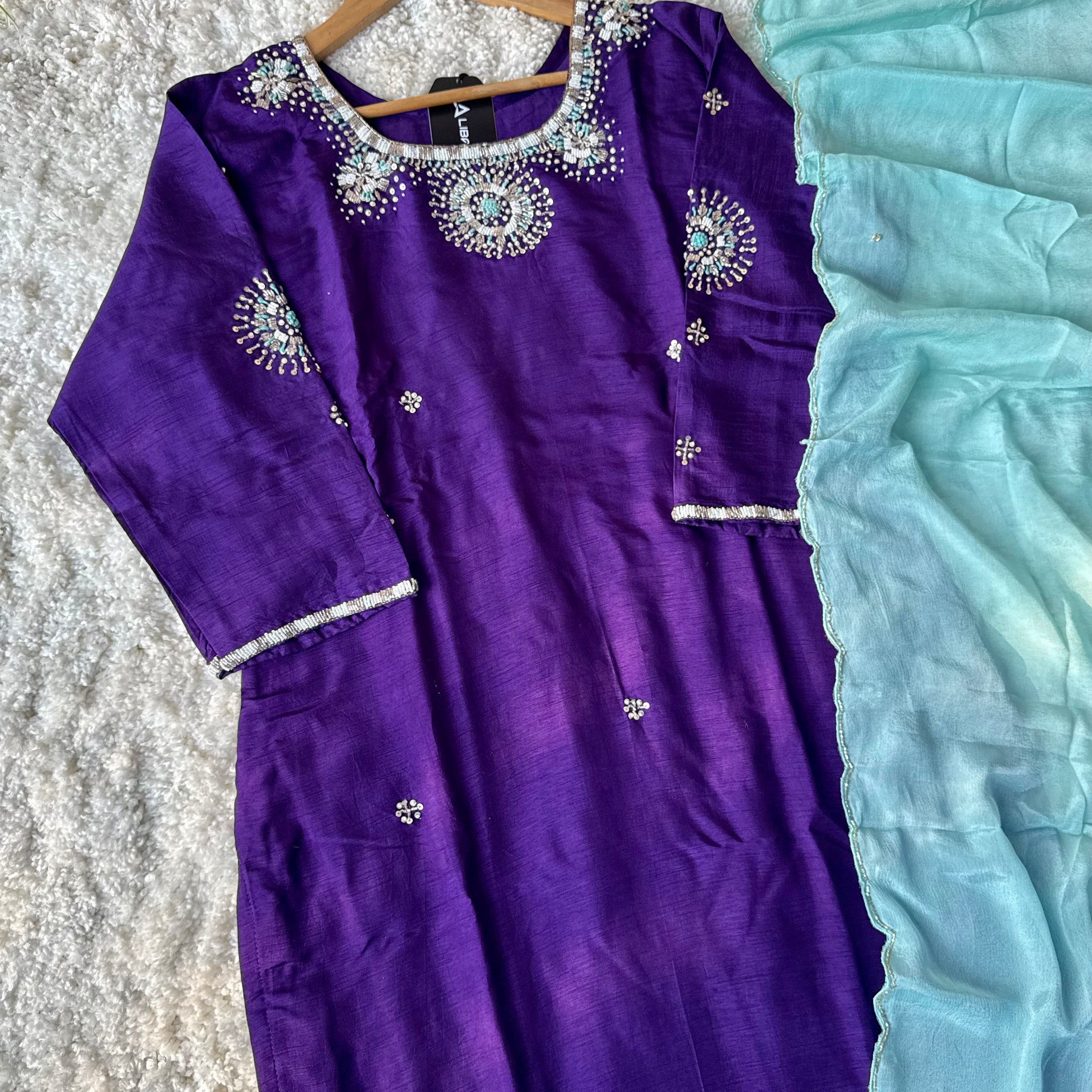 ✨ “Aqua – Royal Purple Dola Silk Kurta Set with Ombre Dupatta