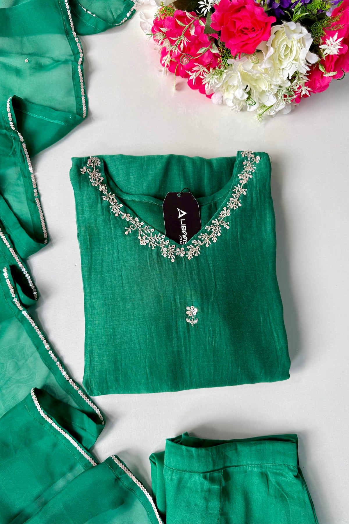 ✨”Eshal - Premium Green Mul Chanderi A-Line Kurta Set