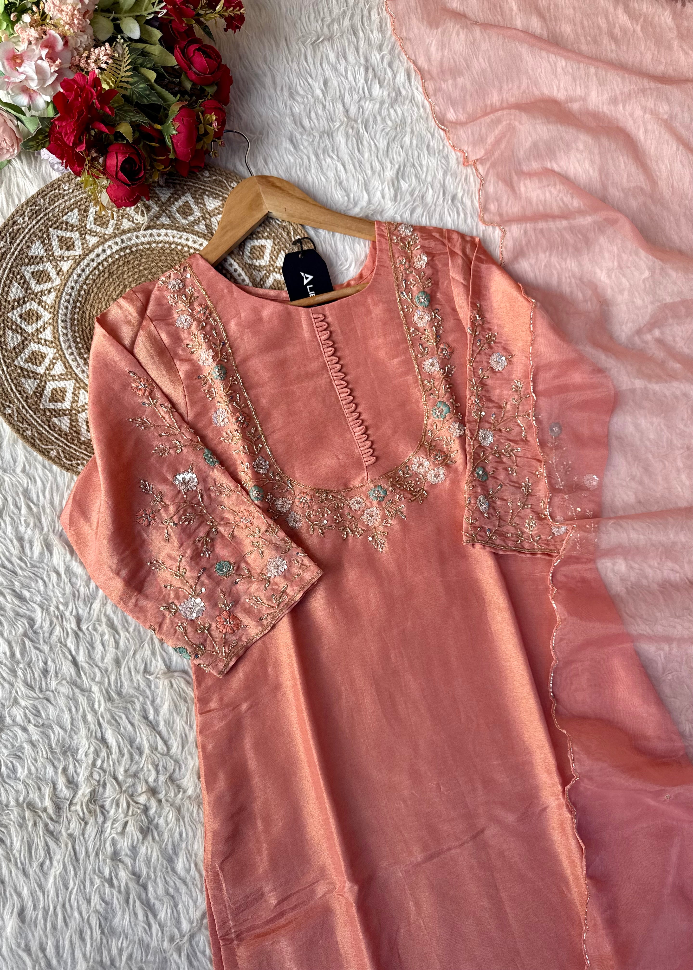 “Naayaab” Premium Peach Tissue silk handcrafted kurta set