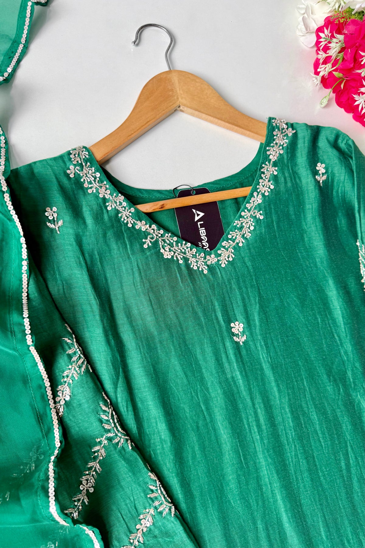 ✨”Eshal - Premium Green Mul Chanderi A-Line Kurta Set