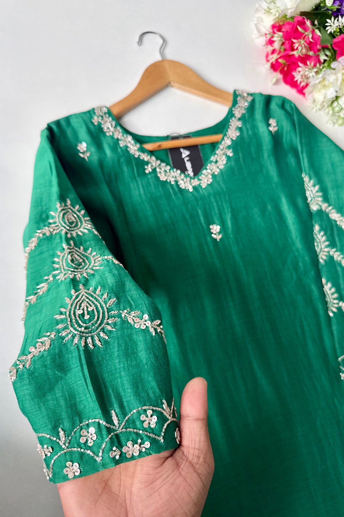 ✨”Eshal - Premium Green Mul Chanderi A-Line Kurta Set