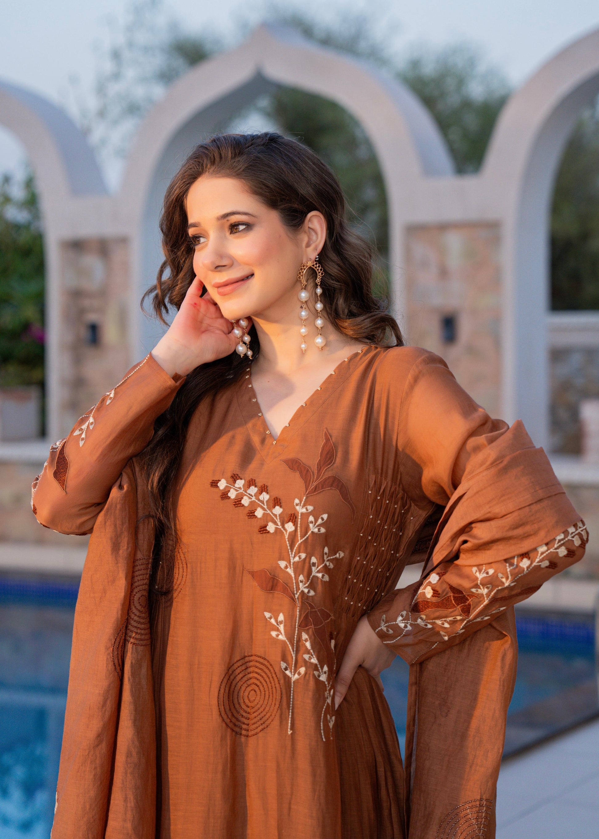 “SIZUMI” Rust Orange Mul Chanderi party wear anarkali suit set