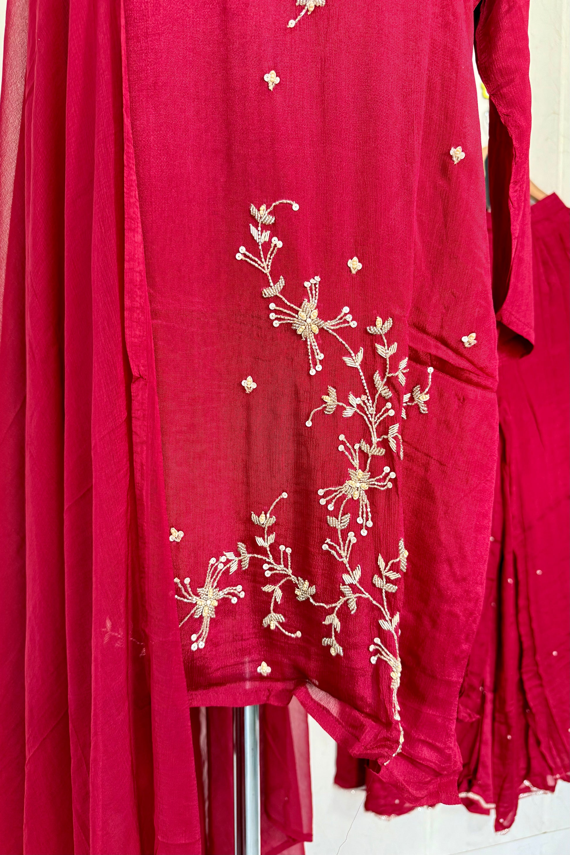 “Alya” Chinnon Silk Heavy Handwork Kurta Palazzo Set with Dupatta