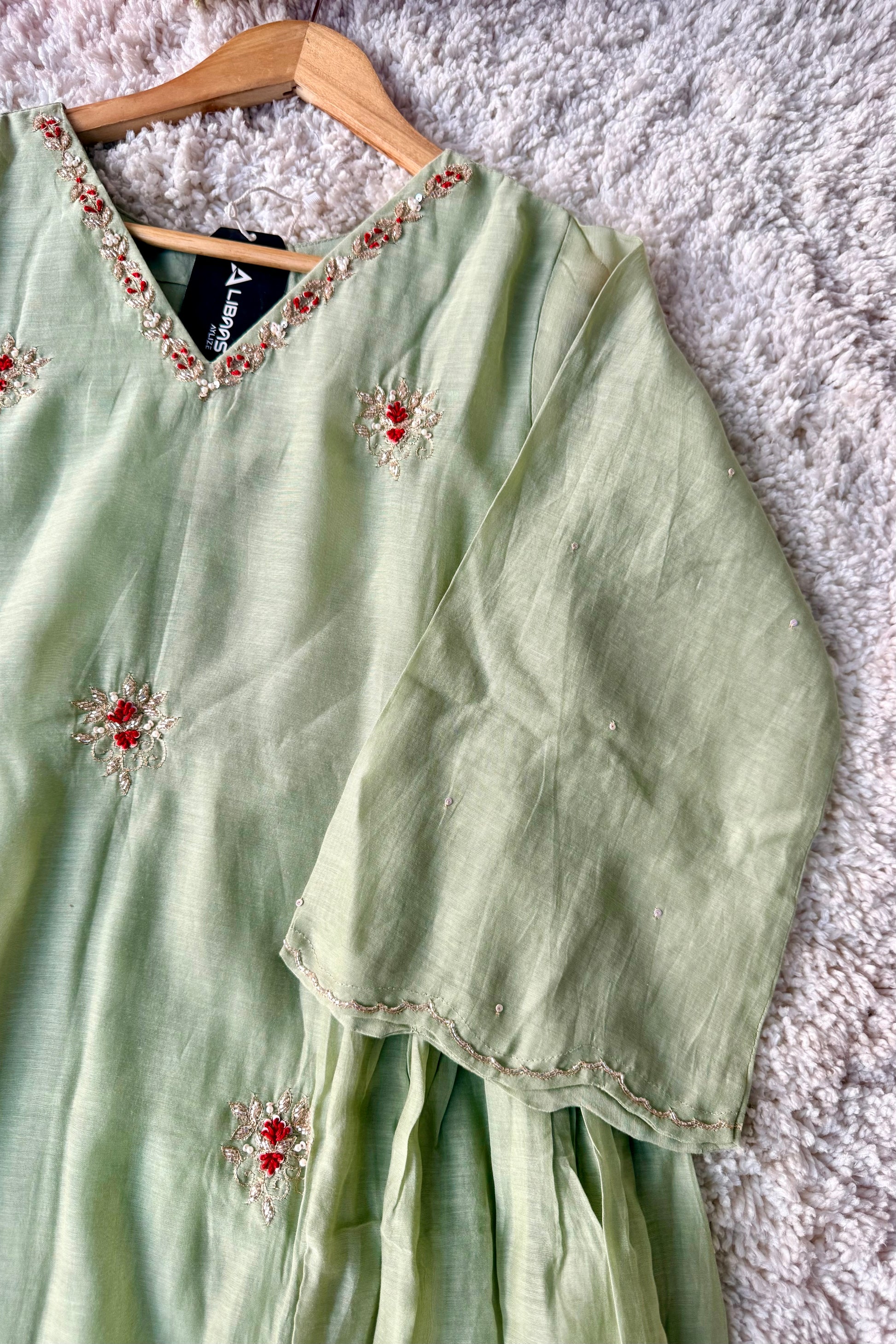 ✨Aabira – Premium Pista Green Mul Chanderi Anarkali kurti set