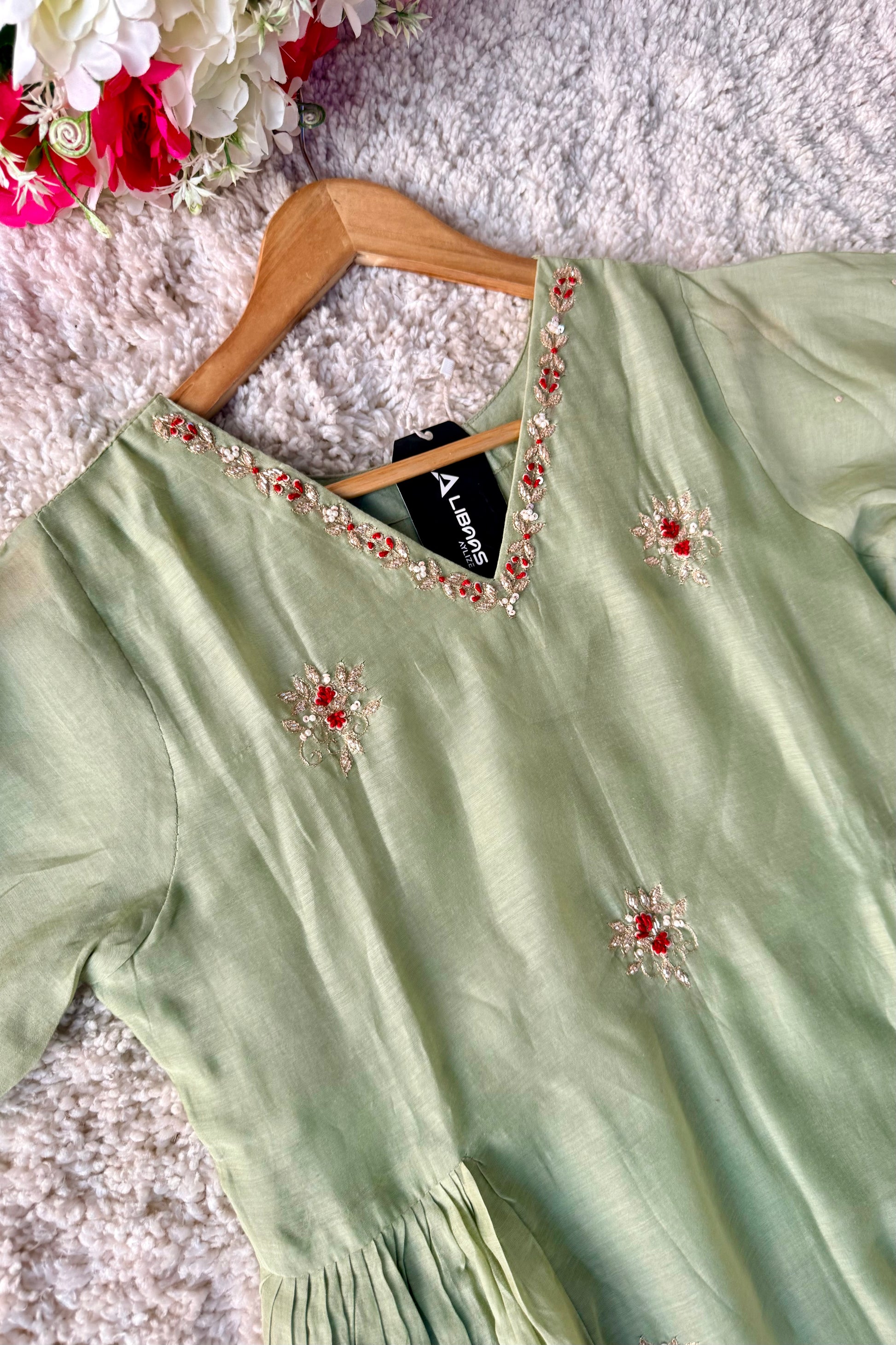 ✨Aabira – Premium Pista Green Mul Chanderi Anarkali kurti set