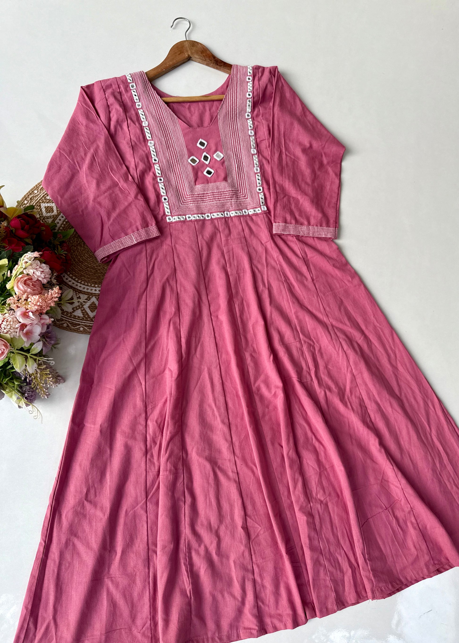 “IRYA" Rose Pink Mirror work cotton Anarkali kurta set