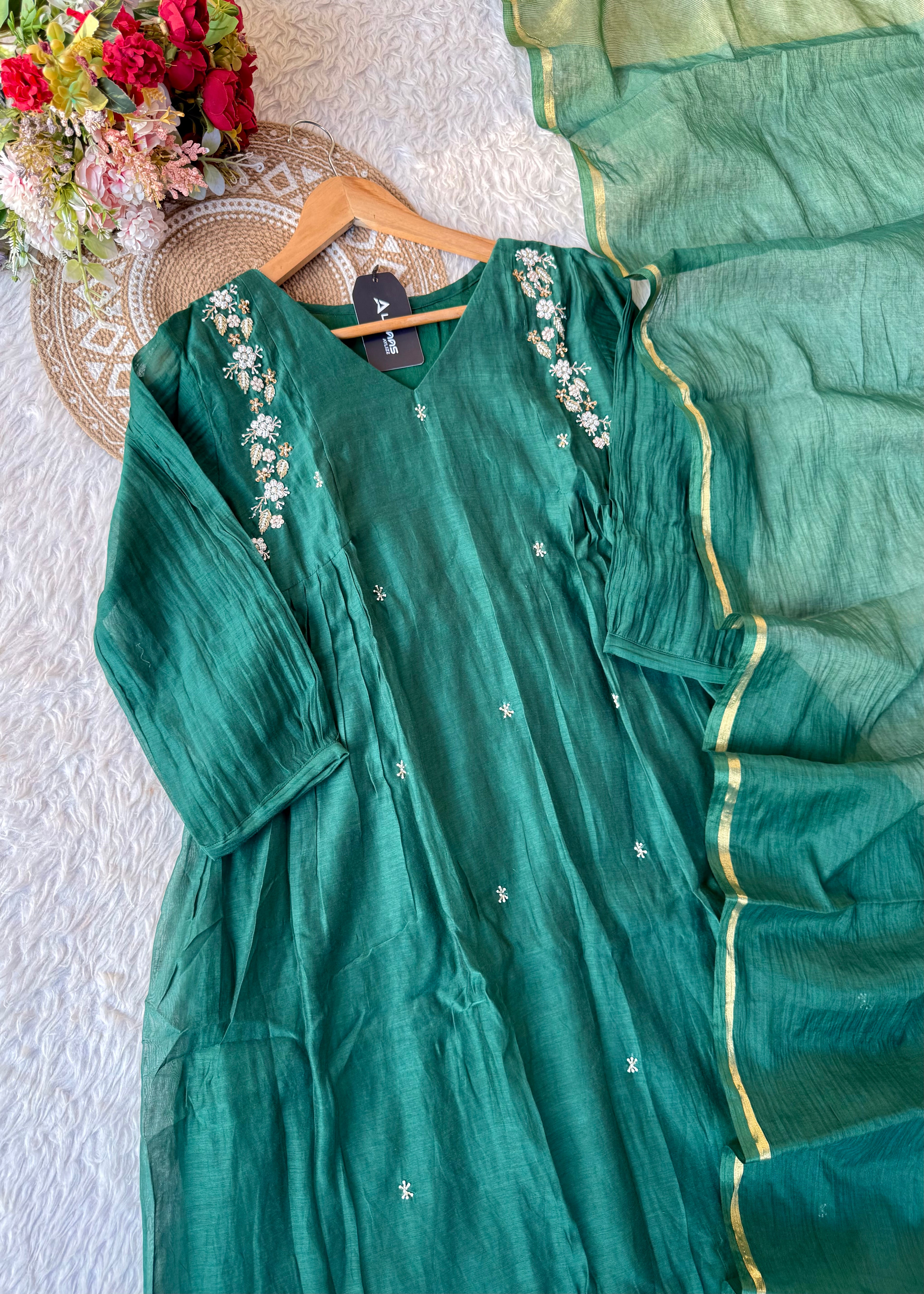 “Zayna” Premium Green Mul Chanderi anarkali kurta set