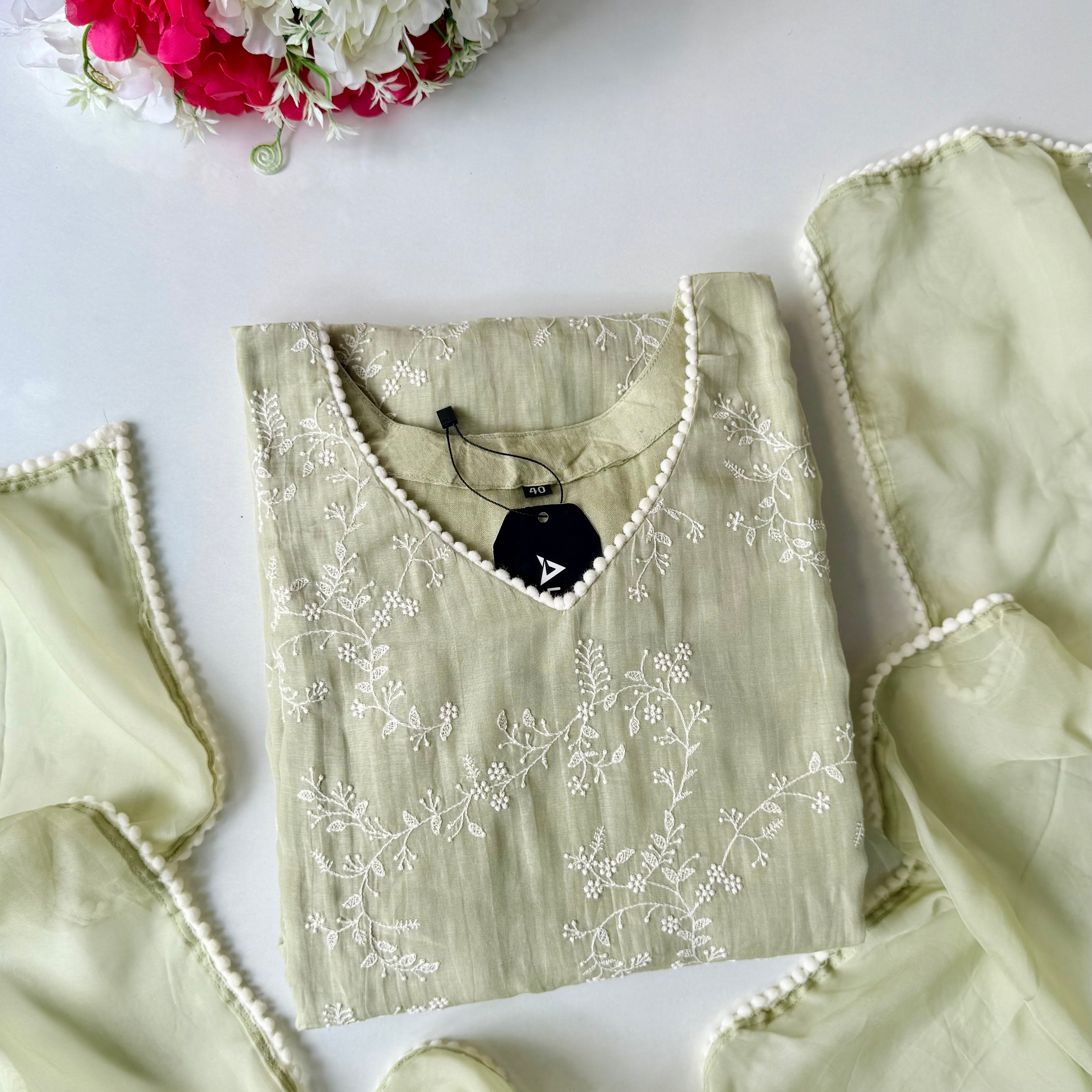 “Elina” Mint Green Mul Chanderi A Line Suit set 🛍️