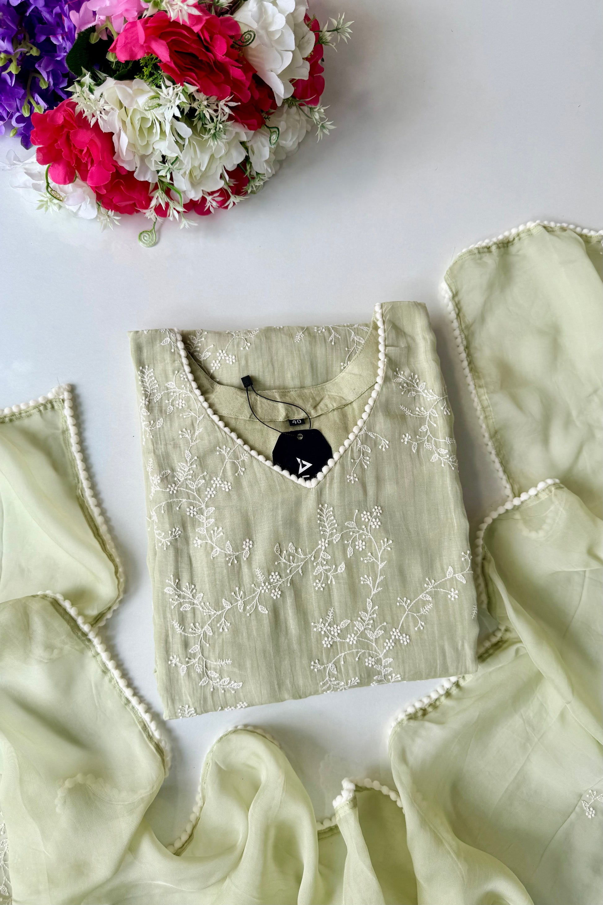 “Elina” Mint Green Mul Chanderi A Line Suit set 🛍️