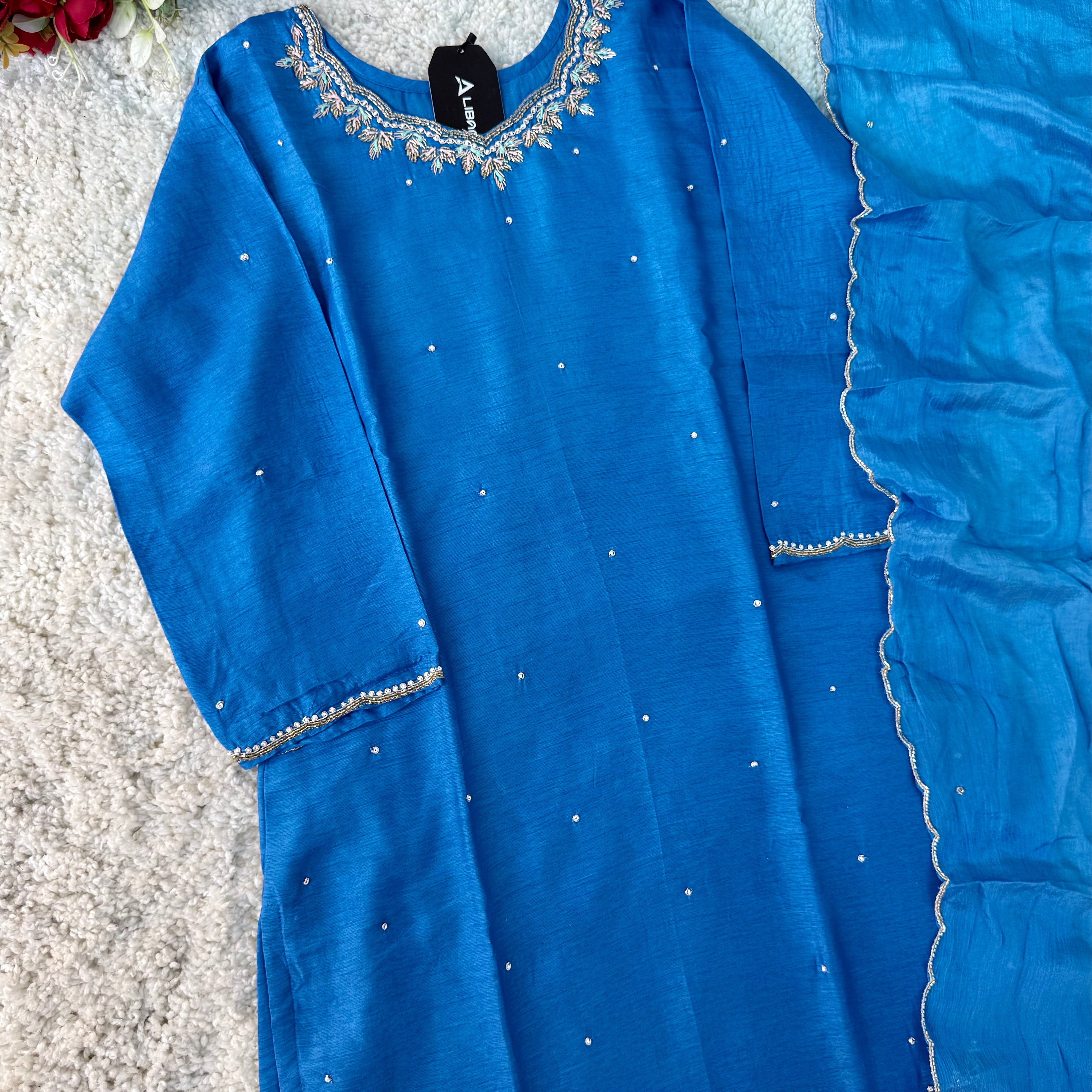 “Nitya” Premium Dola silk Kurta with Bottom & Dupatta