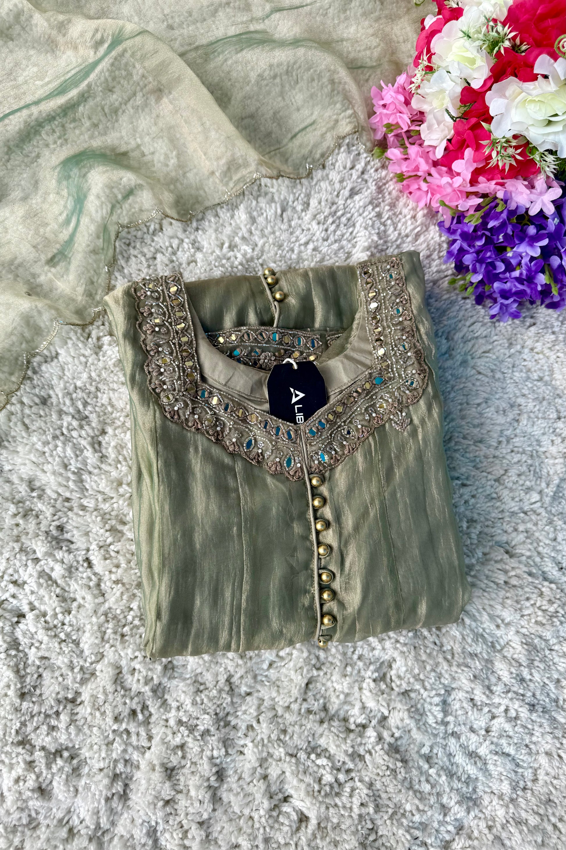 ✨Aiyana- Crushed Tissue Heavy Handwork Anarkali Suit