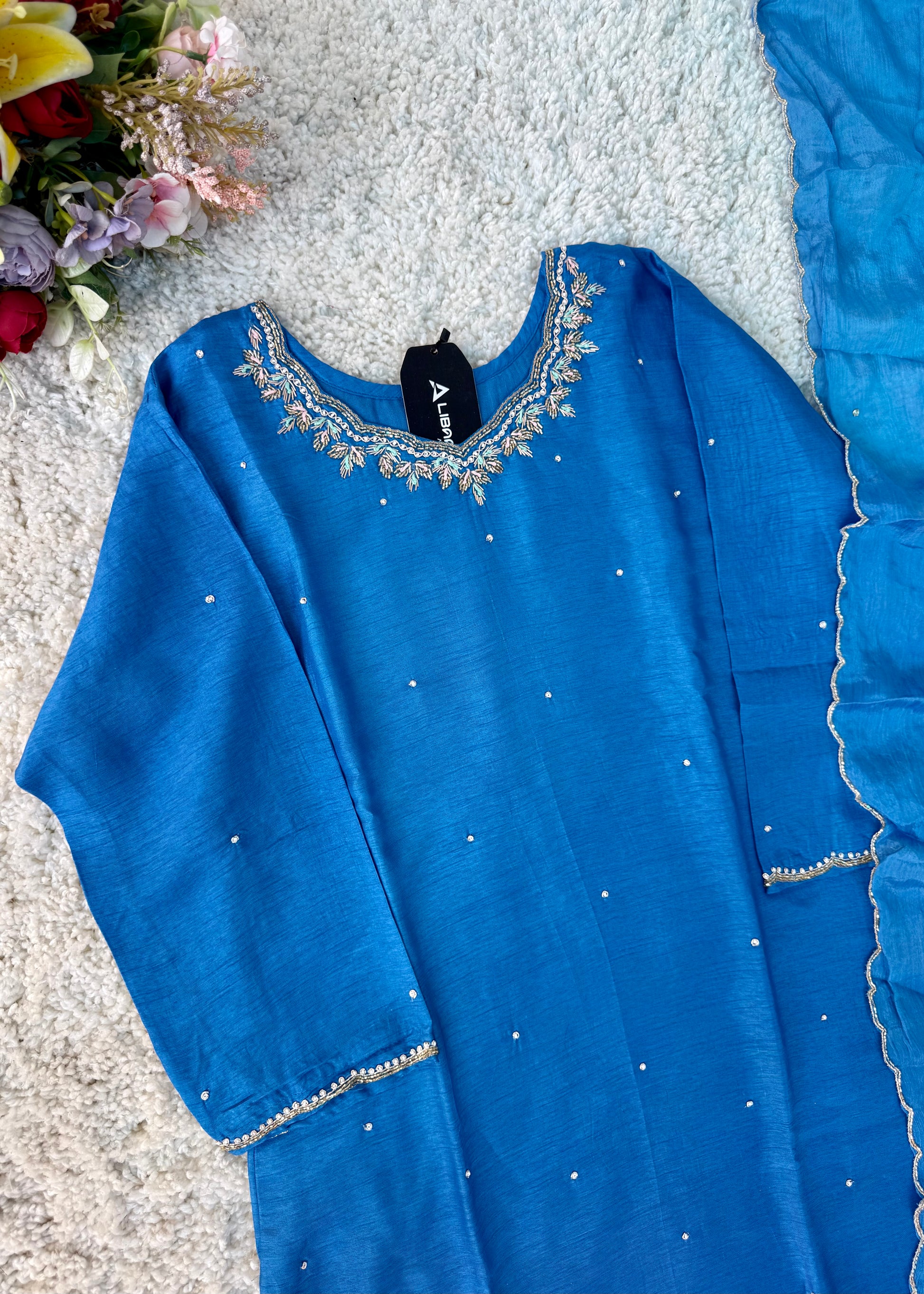 “Nitya” Premium Dola silk Kurta with Bottom & Dupatta