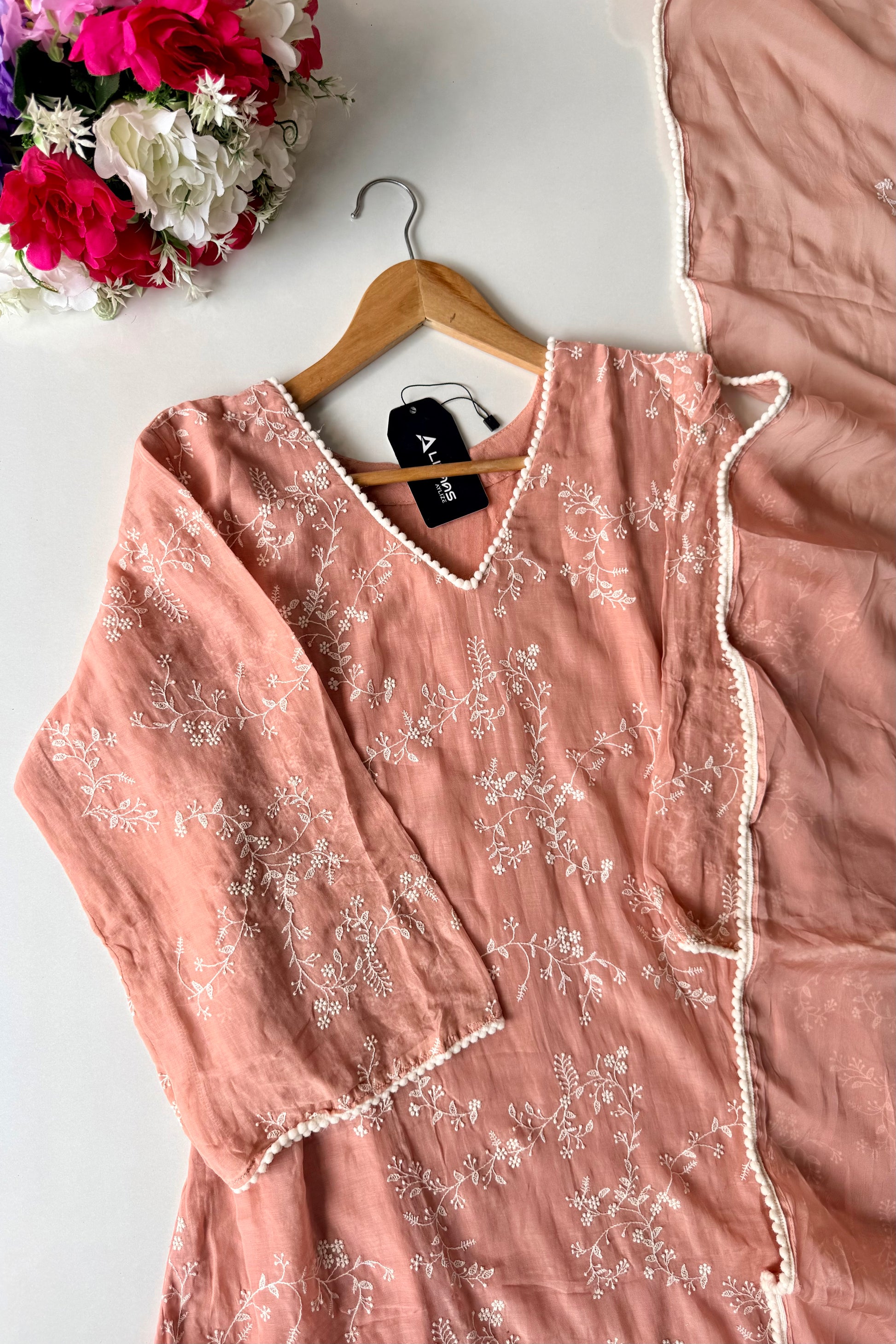 “Elina” Blush Peach Mul Chanderi A Line Suit set 🛍️