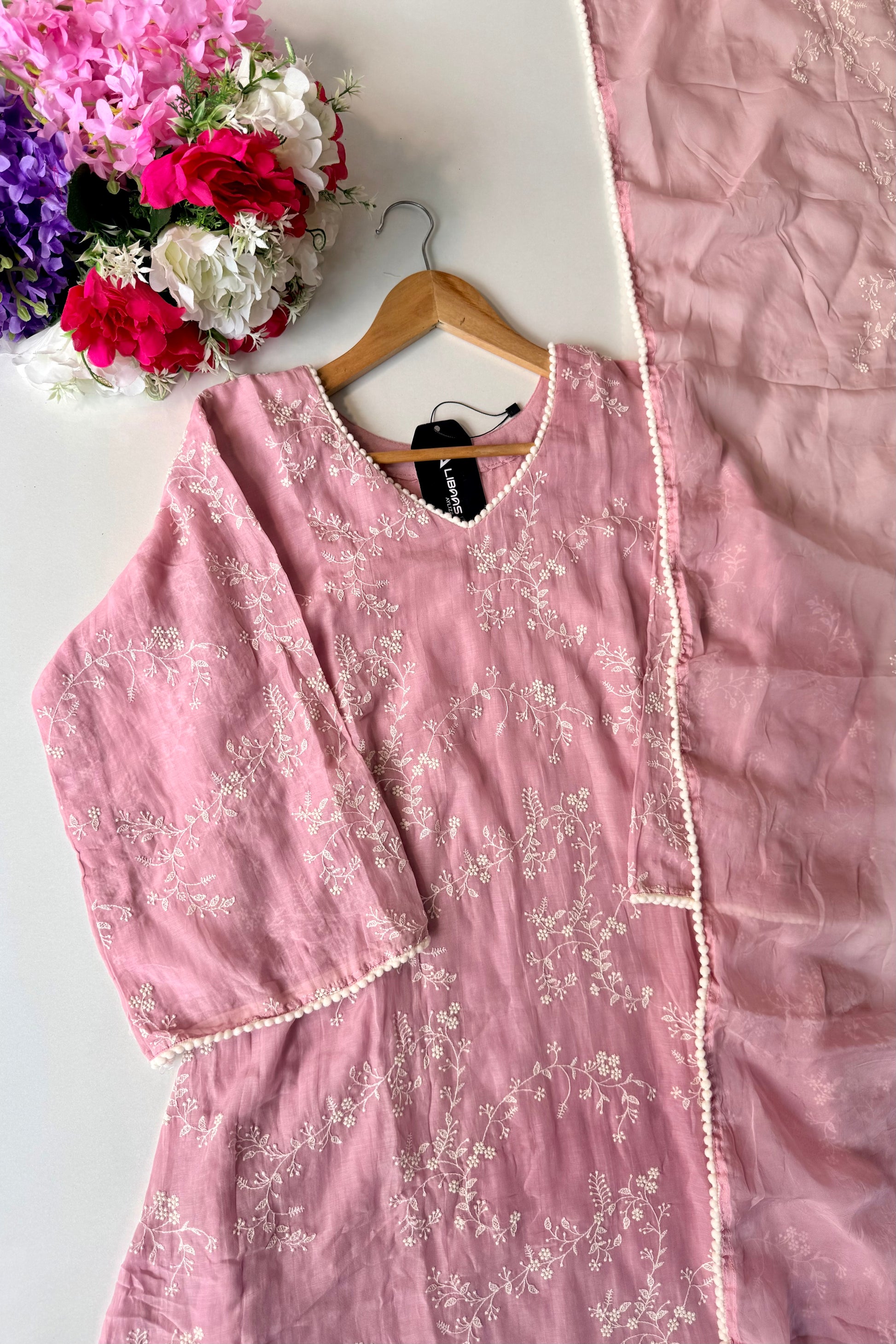 “Elina” Blossom Pink Mul Chanderi A Line Suit set 🛍️