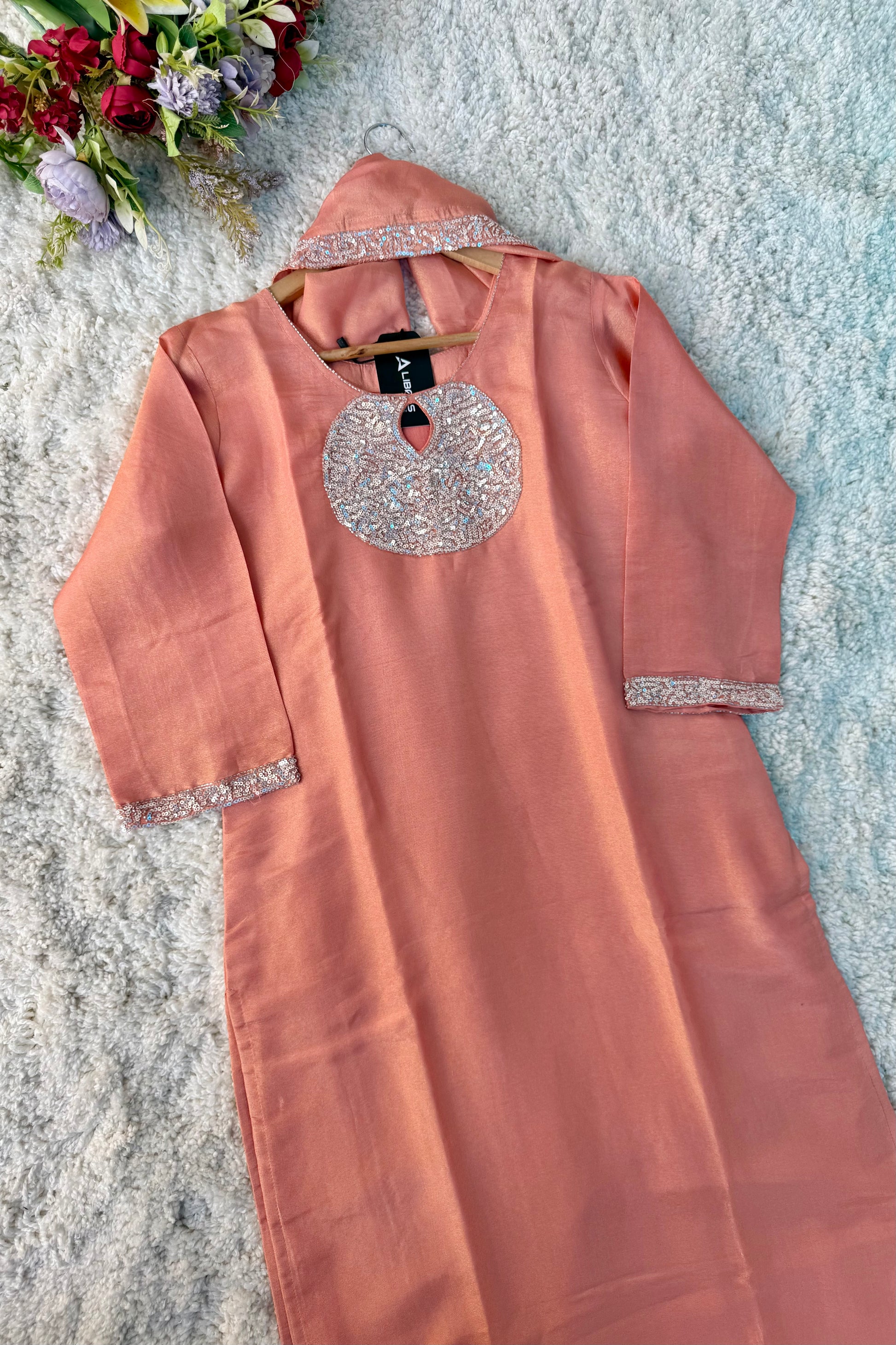 “SHINE” Beautiful Peach with gold tone shimmer tissue kurta set