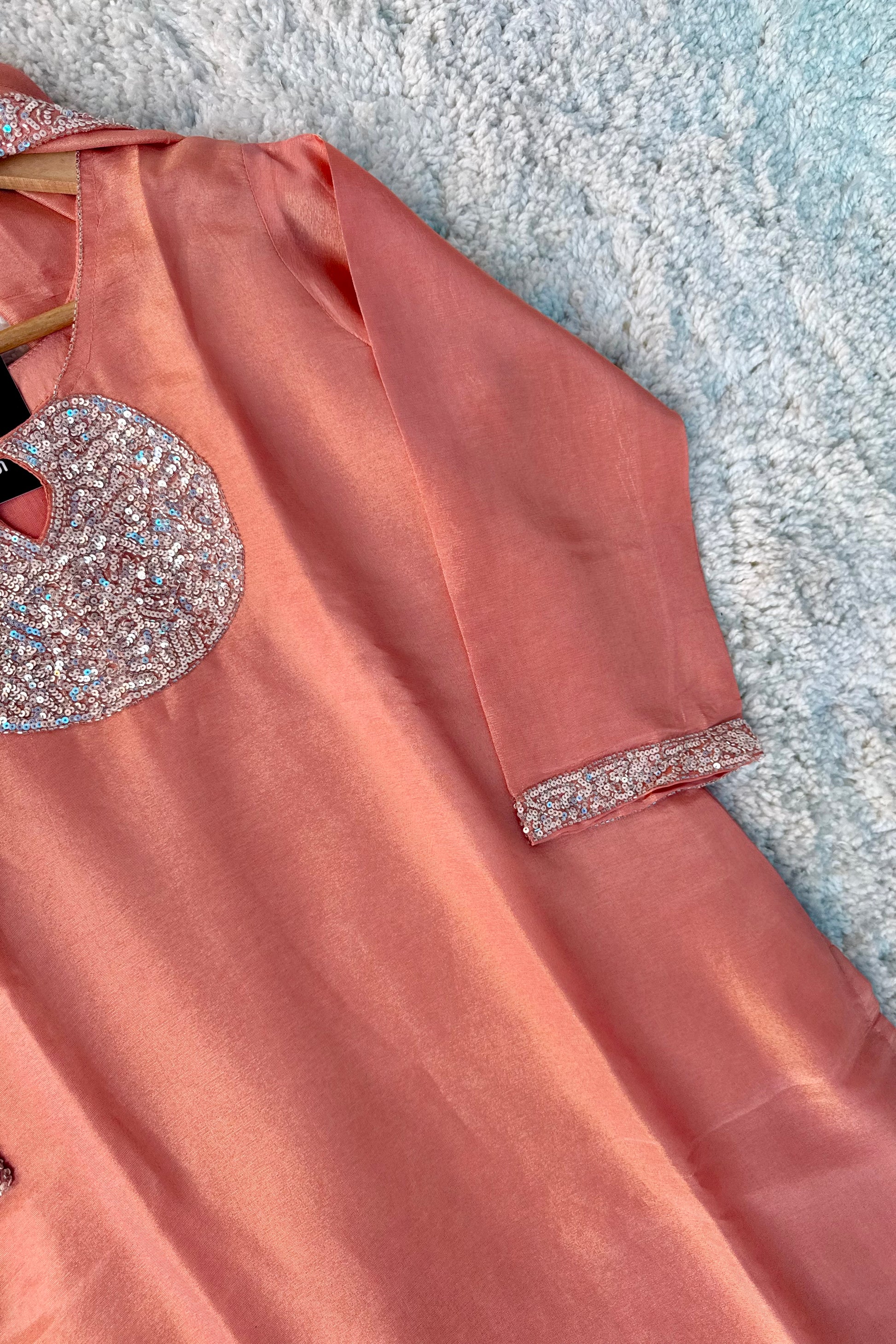 “SHINE” Beautiful Peach with gold tone shimmer tissue kurta set
