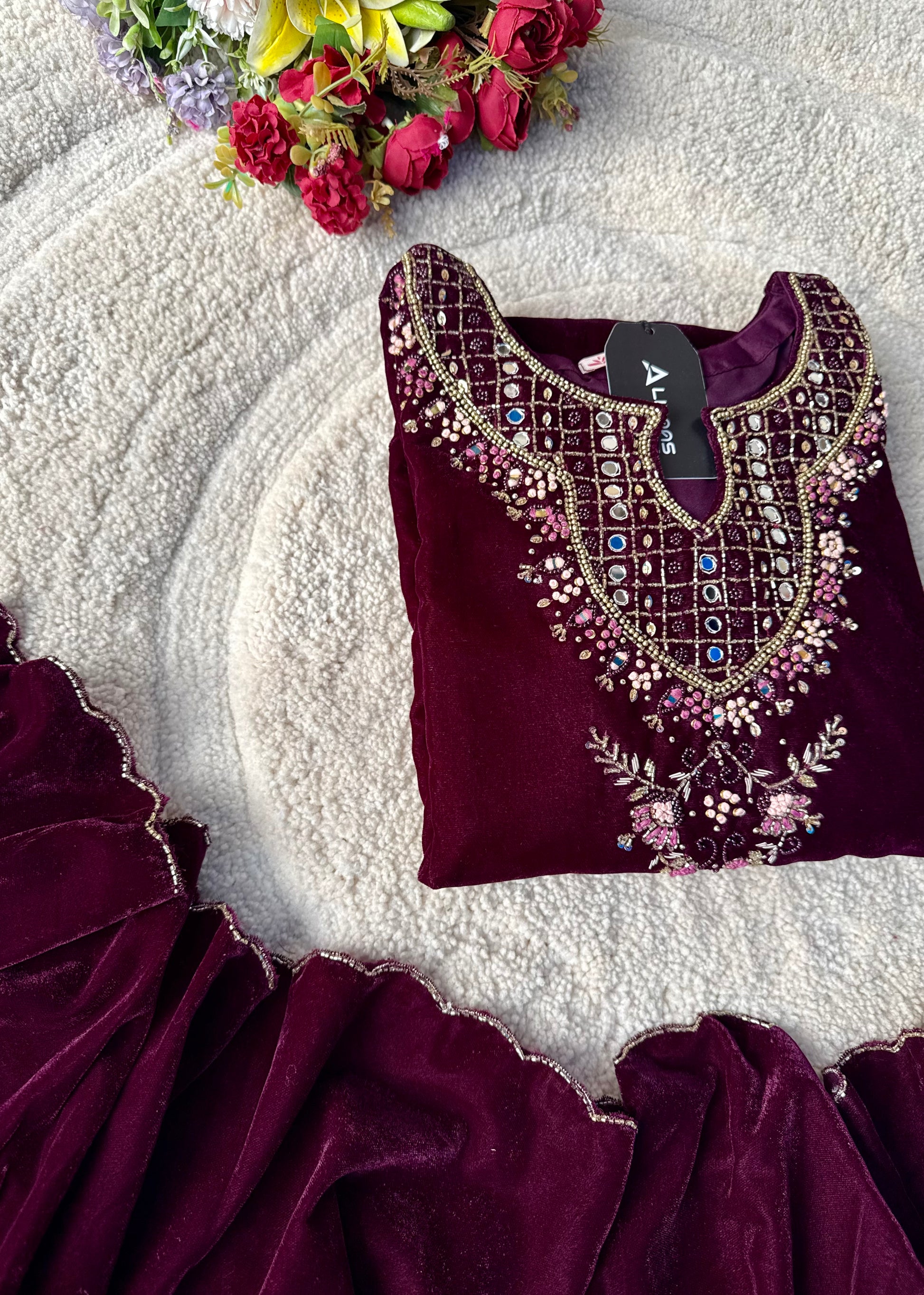 “Jivika” Maroon heavy velvet handwork suit set