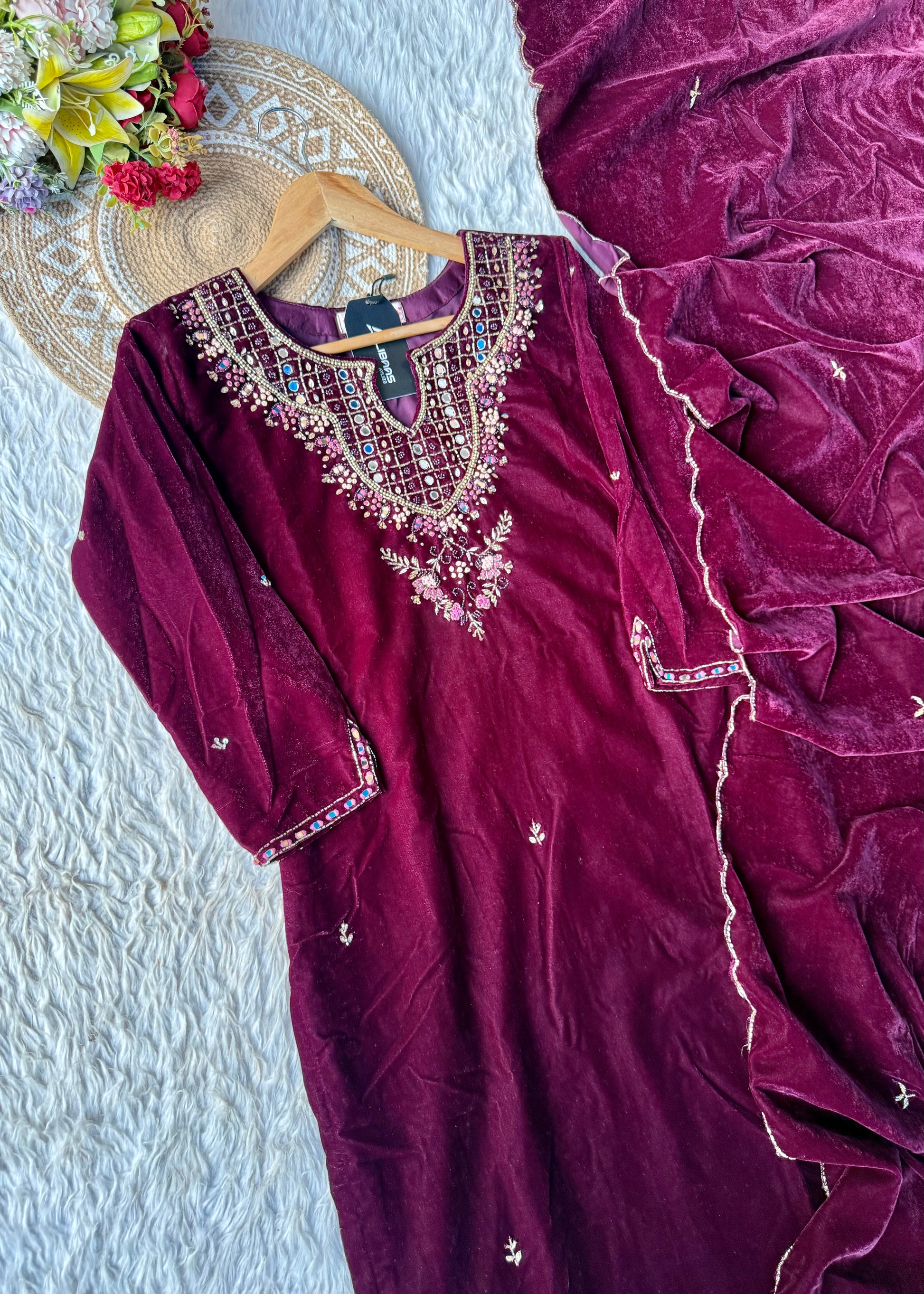 “Jivika” Maroon heavy velvet handwork suit set