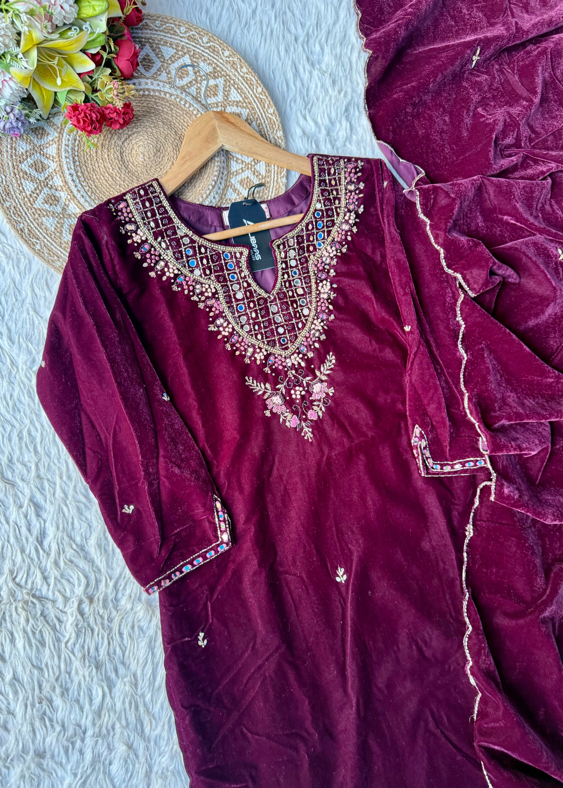 “Jivika” Maroon heavy velvet handwork suit set