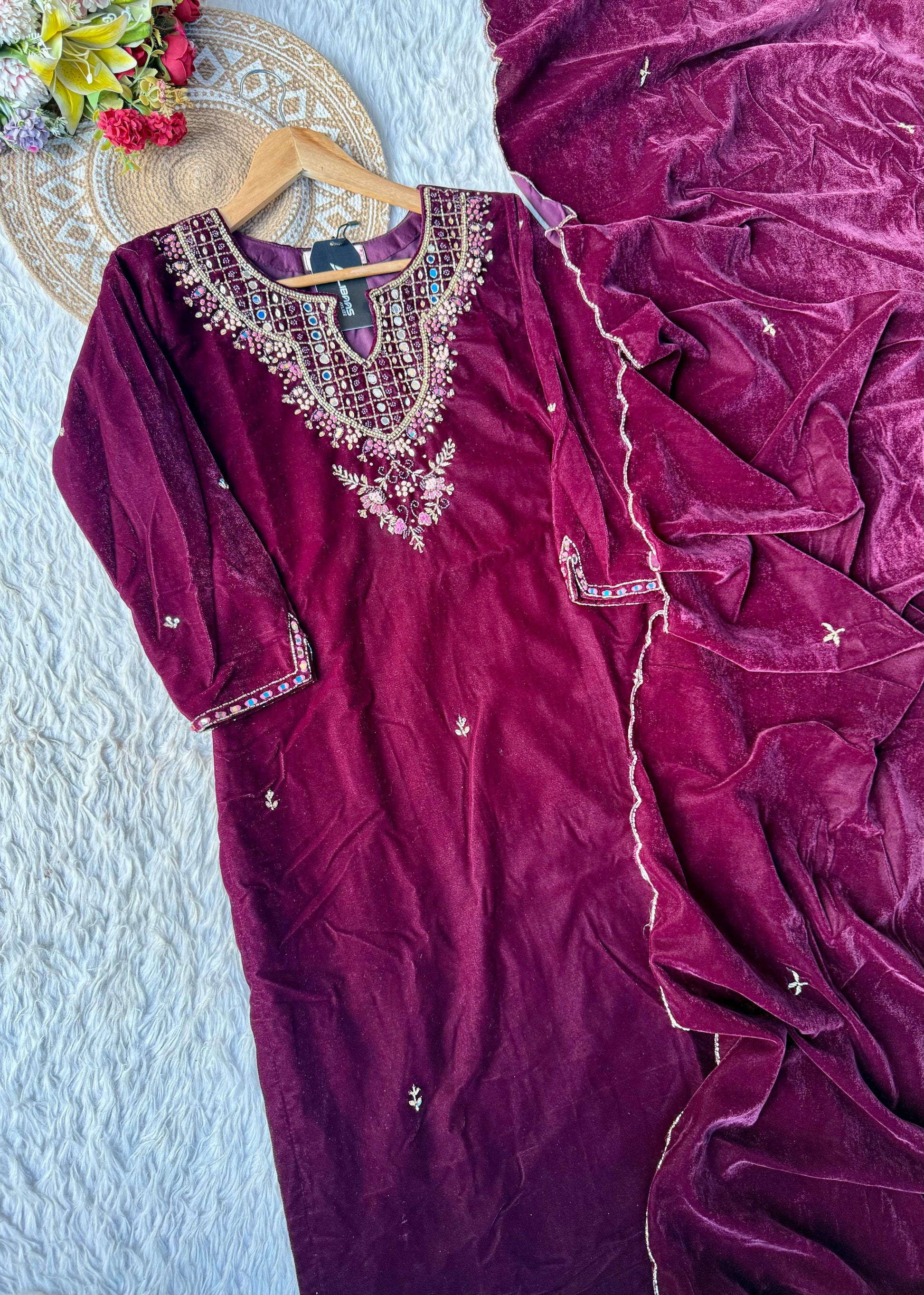 “Jivika” Maroon heavy velvet handwork suit set