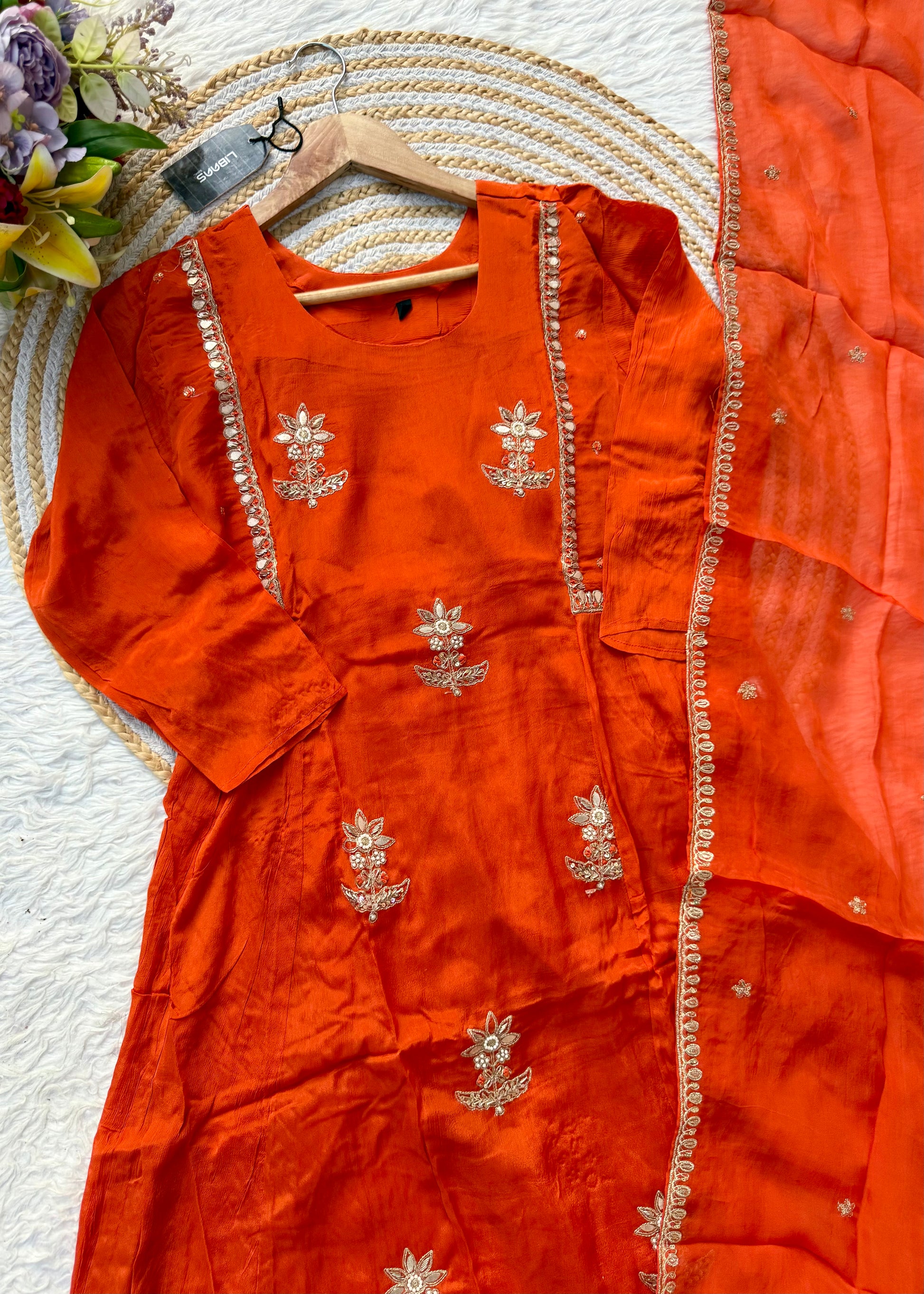 “BARKHA” Premium Chinnon heavy handwork A line Anarkali set