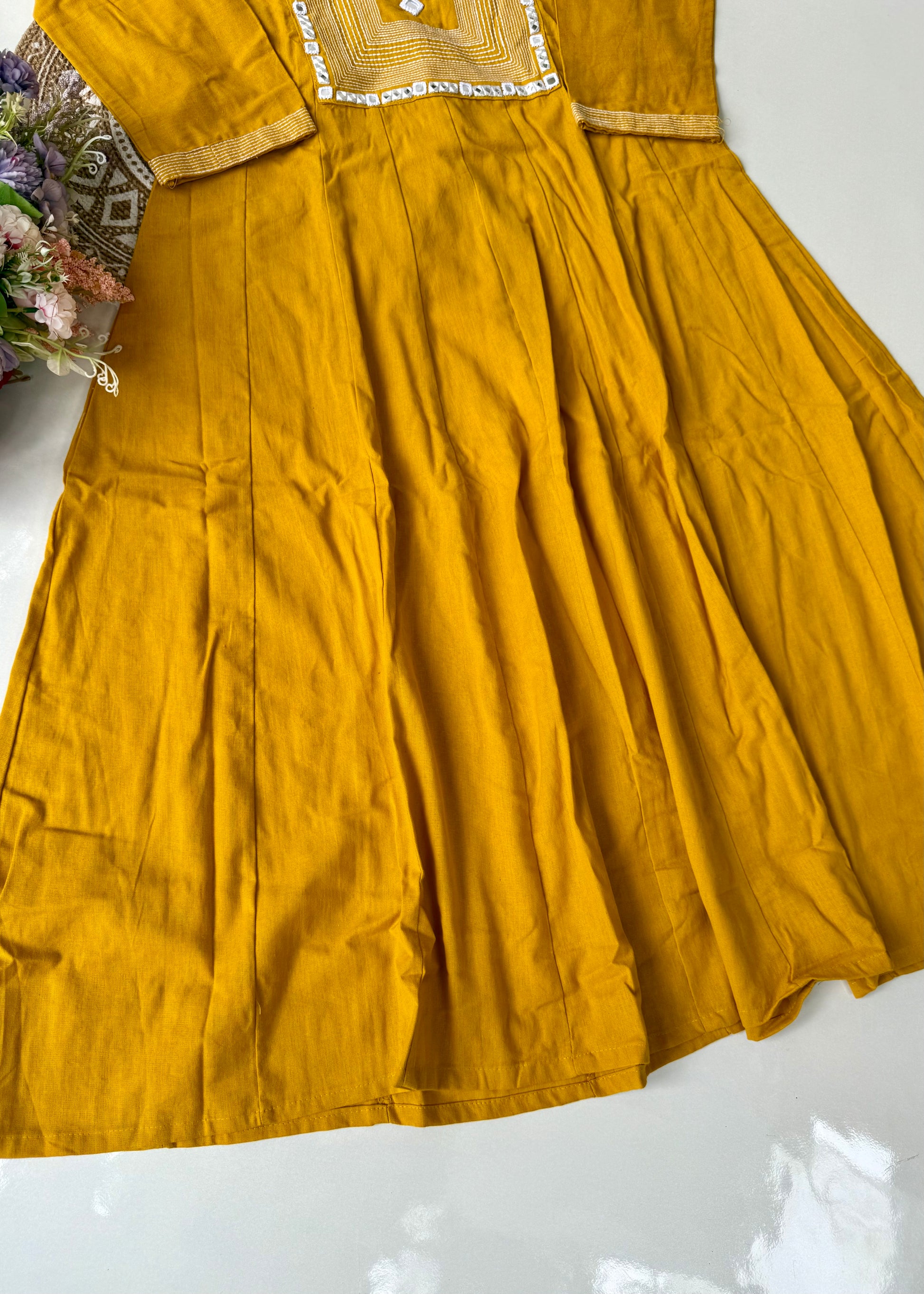 “IRYA" Yellow Mirror work cotton Anarkali kurta set