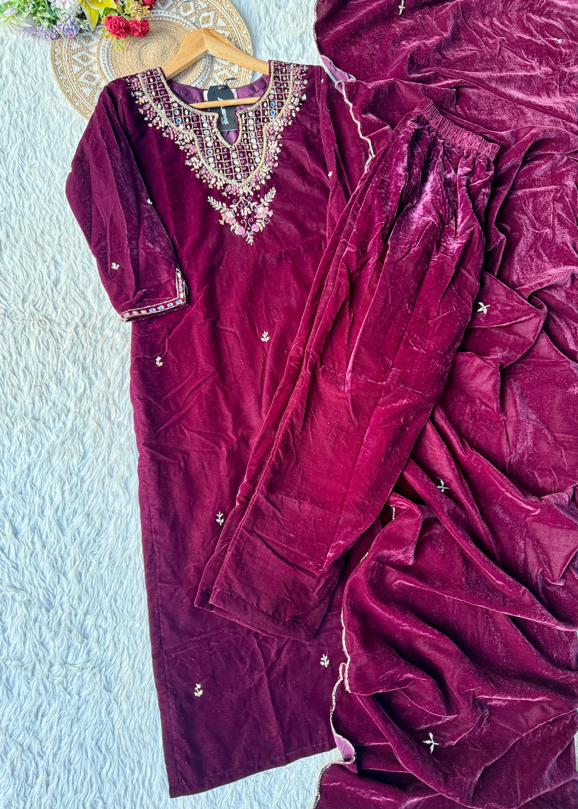 “Jivika” Maroon heavy velvet handwork suit set