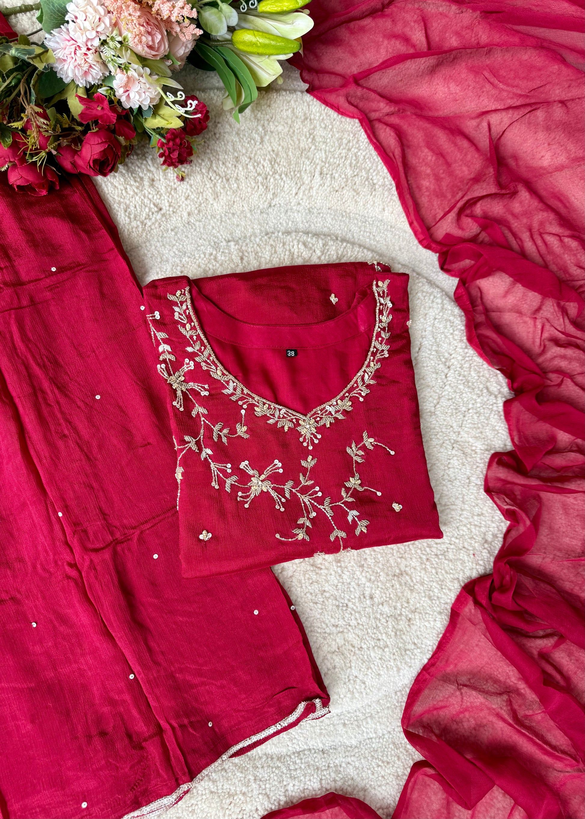 “Alya” Chinnon Silk Heavy Handwork Kurta Palazzo Set with Dupatta