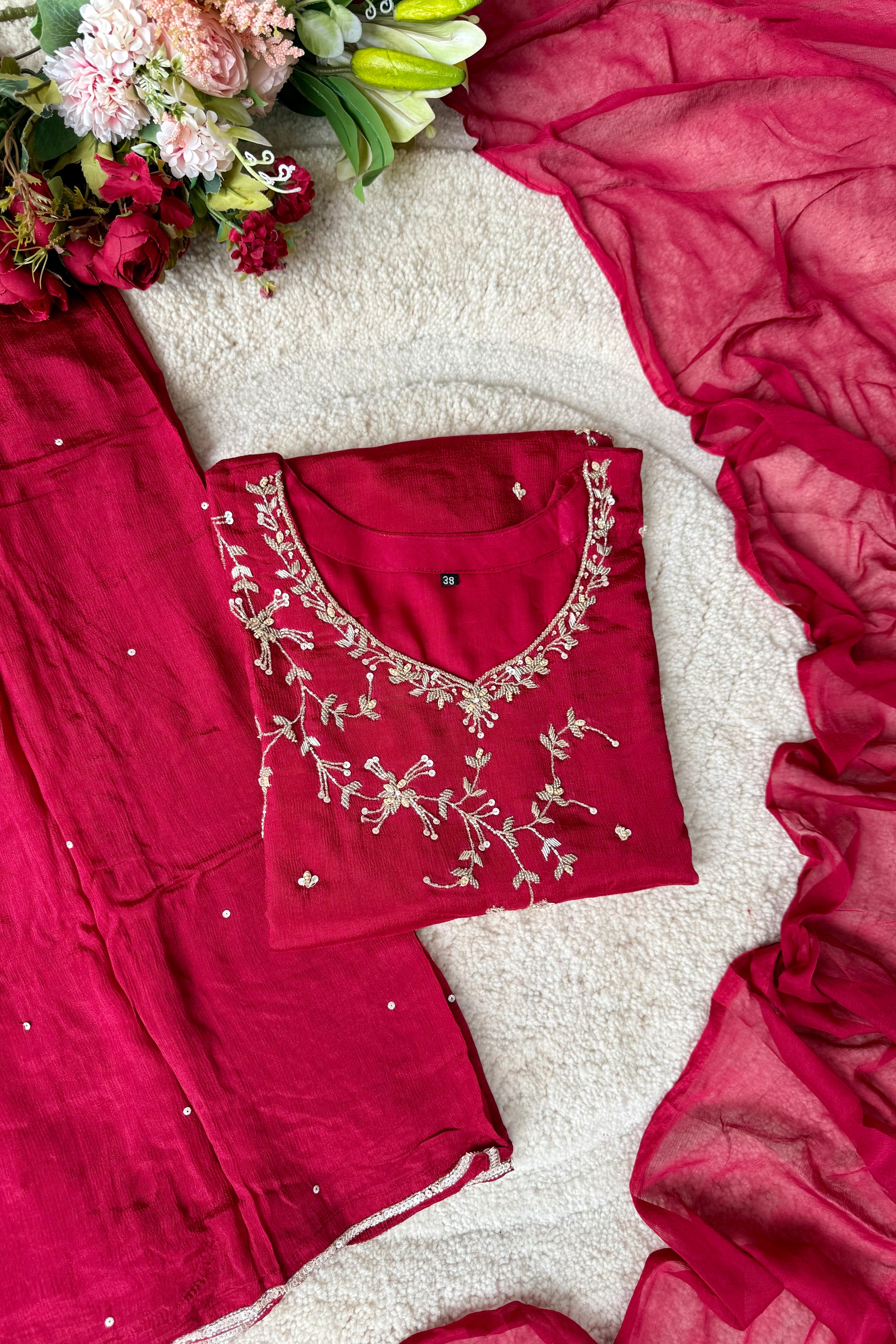 “Alya” Chinnon Silk Heavy Handwork Kurta Palazzo Set with Dupatta