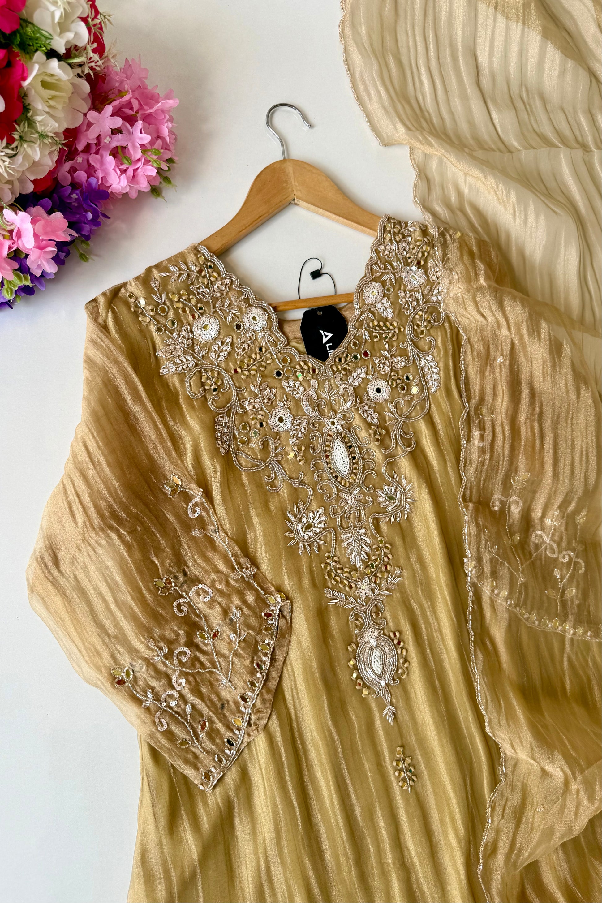 ✨Abeer Gold – Designer Gold Glass Tissue Kurta Set