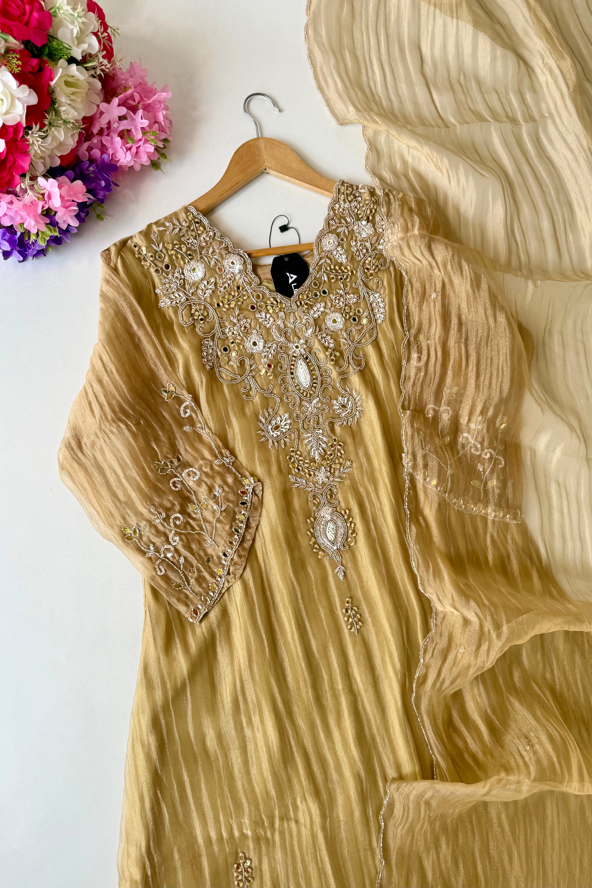 ✨Abeer Gold – Designer Gold Glass Tissue Kurta Set