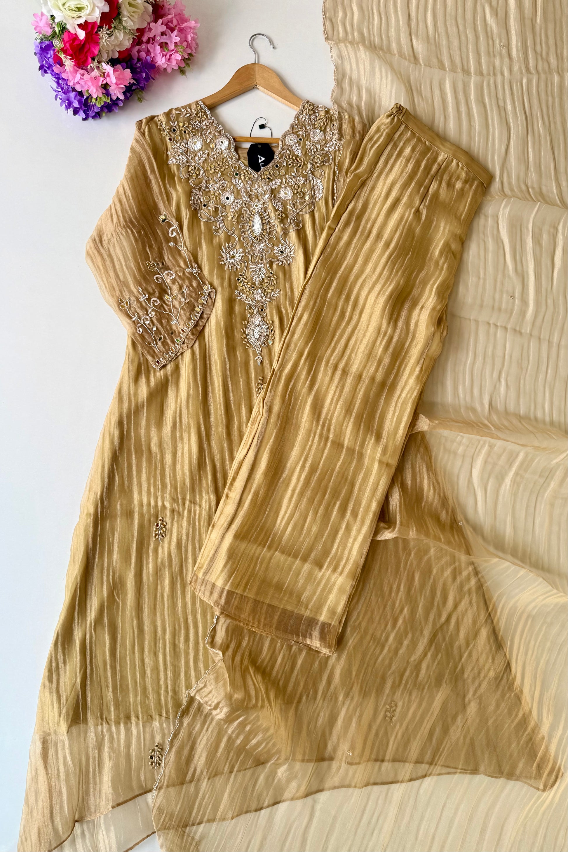 ✨Abeer Gold – Designer Gold Glass Tissue Kurta Set