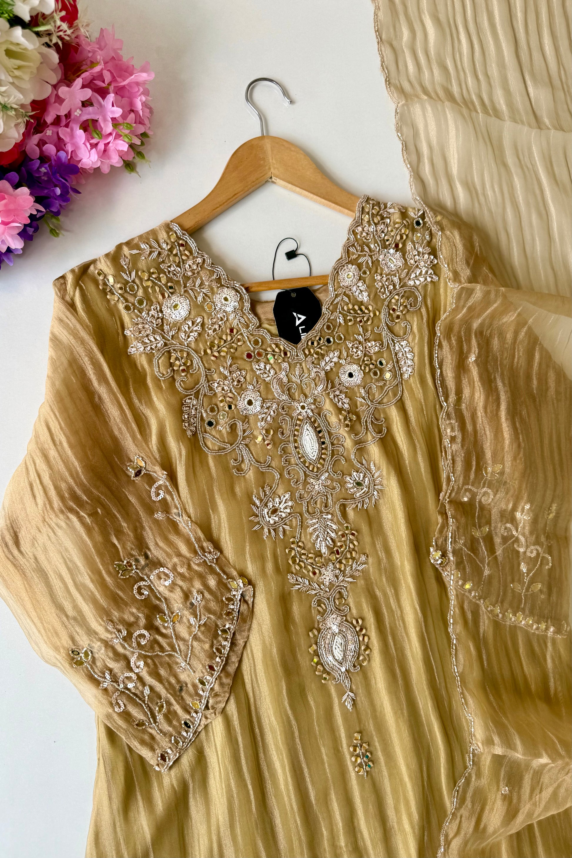 ✨Abeer Gold – Designer Gold Glass Tissue Kurta Set